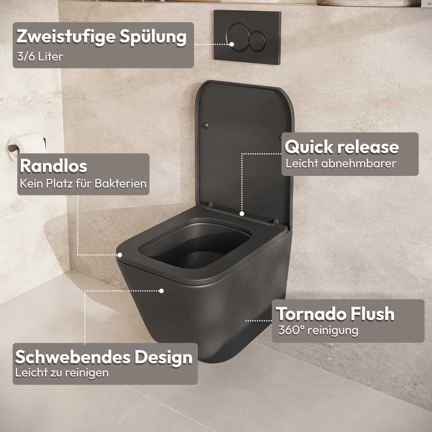 Hangtoilet met Inbouwreservoir - Vierkant Zwart - Drukplaat Rond Zwart - Linea - lomazoo.com