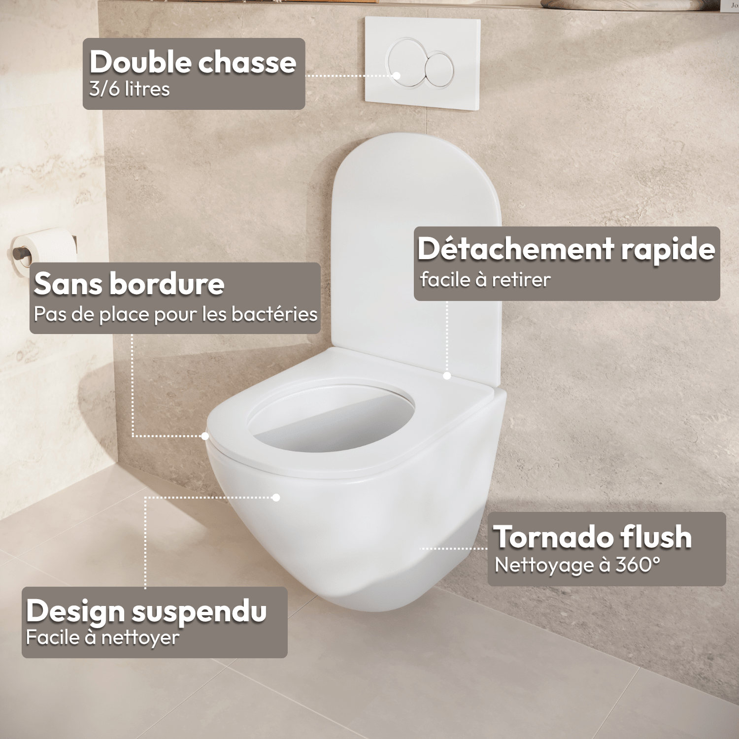 Hangtoilet met Inbouwreservoir - Rond Wit - Drukplaat Rond Wit - Linea - lomazoo.com