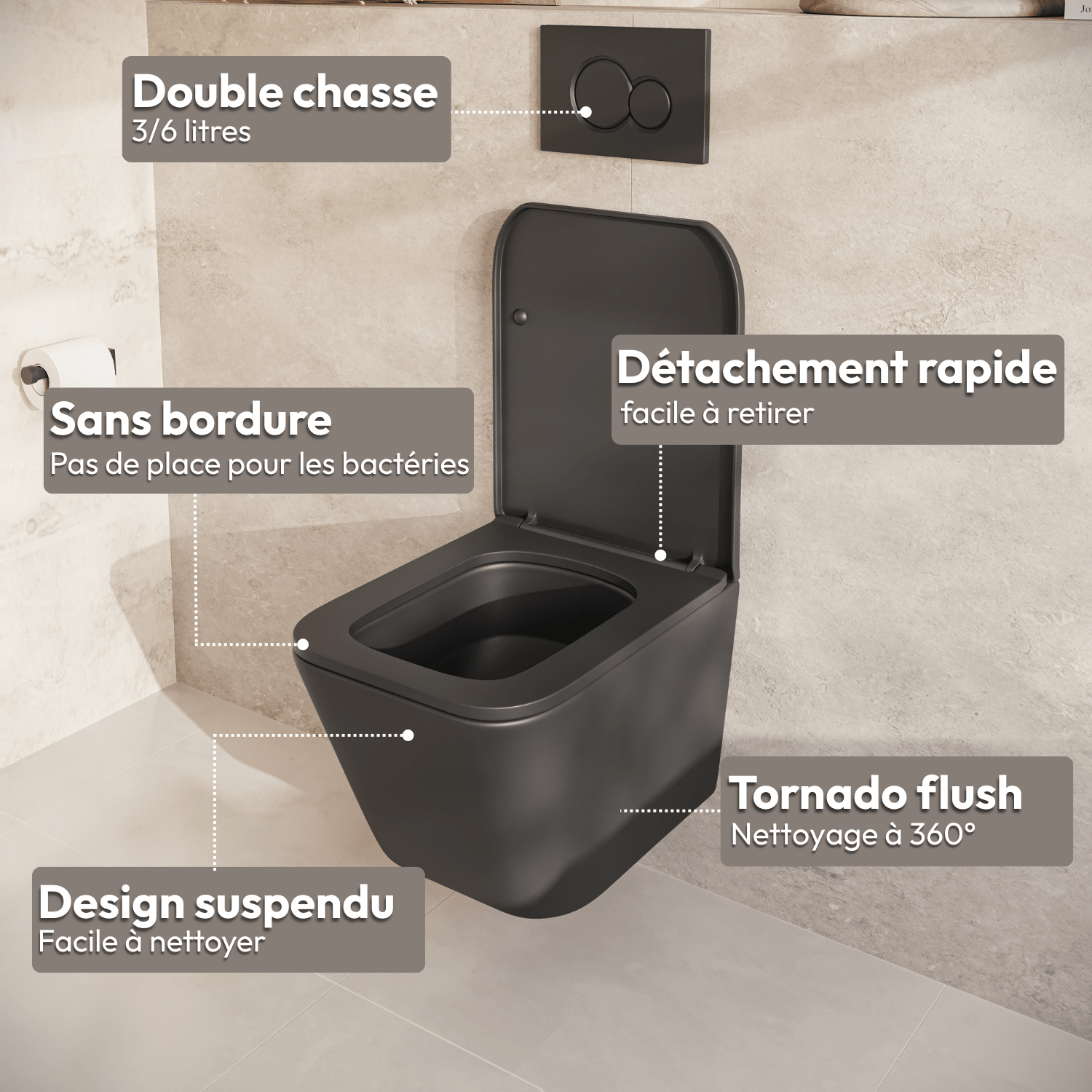 Hangtoilet met Inbouwreservoir - Vierkant Zwart - Drukplaat Rond Zwart - Linea - lomazoo.com