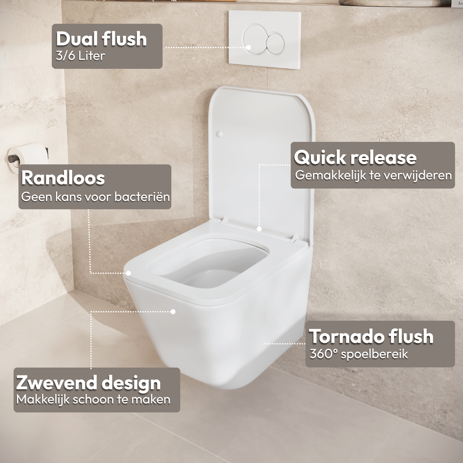 Hangtoilet met Inbouwreservoir - Vierkant Wit - Drukplaat Vierkant Wit - Linea - lomazoo.com