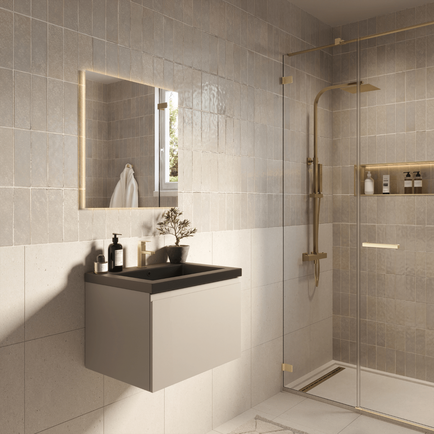 Badmeubelset SORRENTO 60cm - Met Kolomkast - Greige - Wastafel Zwart - lomazoo.com