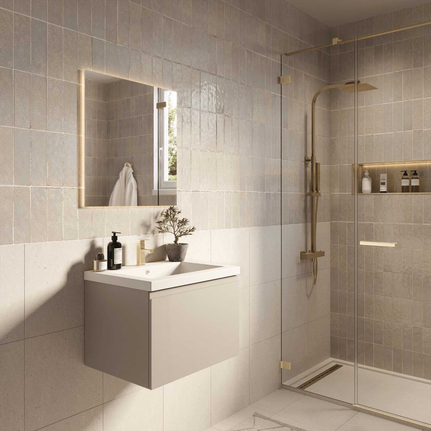 Badmeubelset SORRENTO 60cm - Met Kolomkast - Greige - Wastafel Wit - lomazoo.com