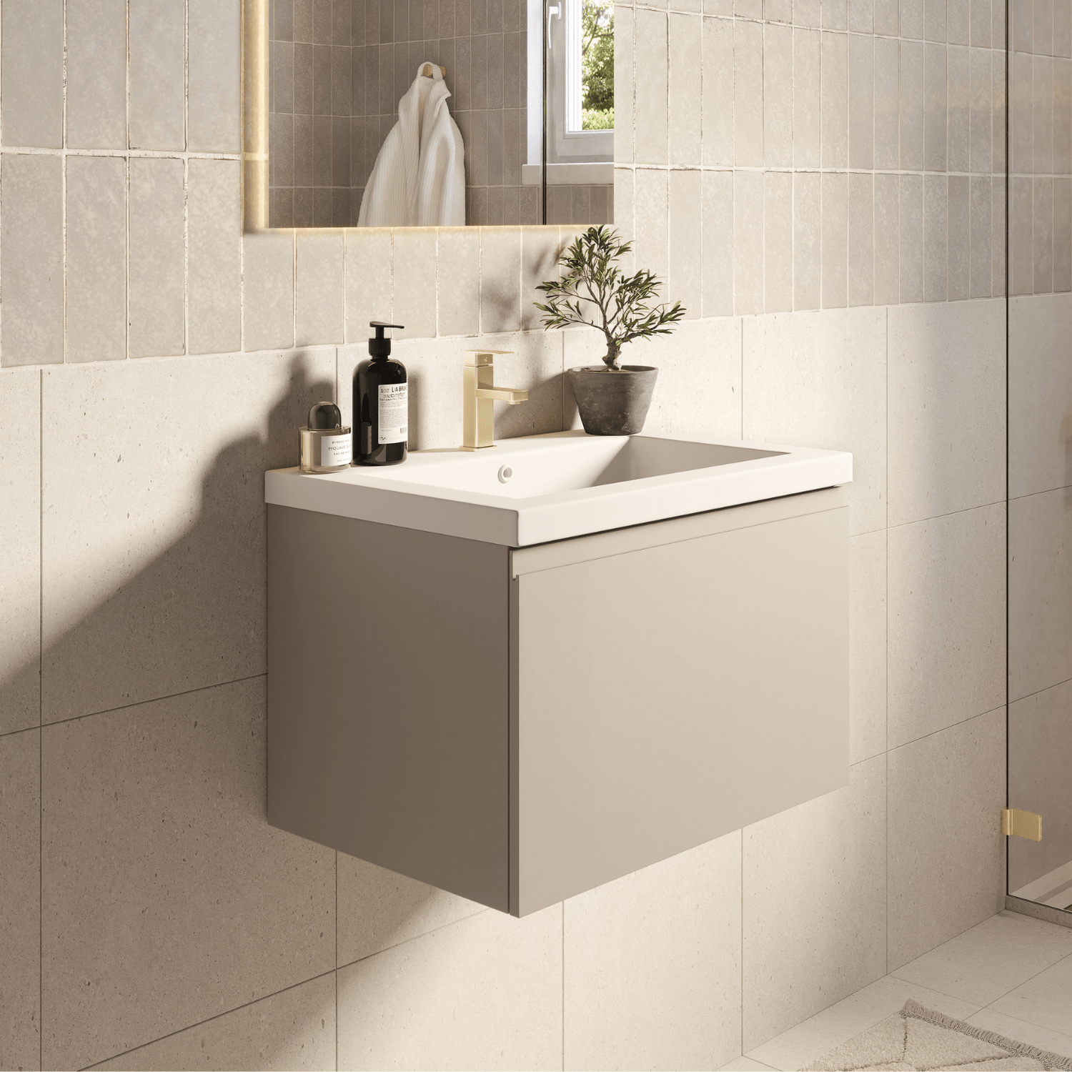 Badmeubelset SORRENTO 60cm - Met Kolomkast - Greige - Wastafel Wit - lomazoo.com