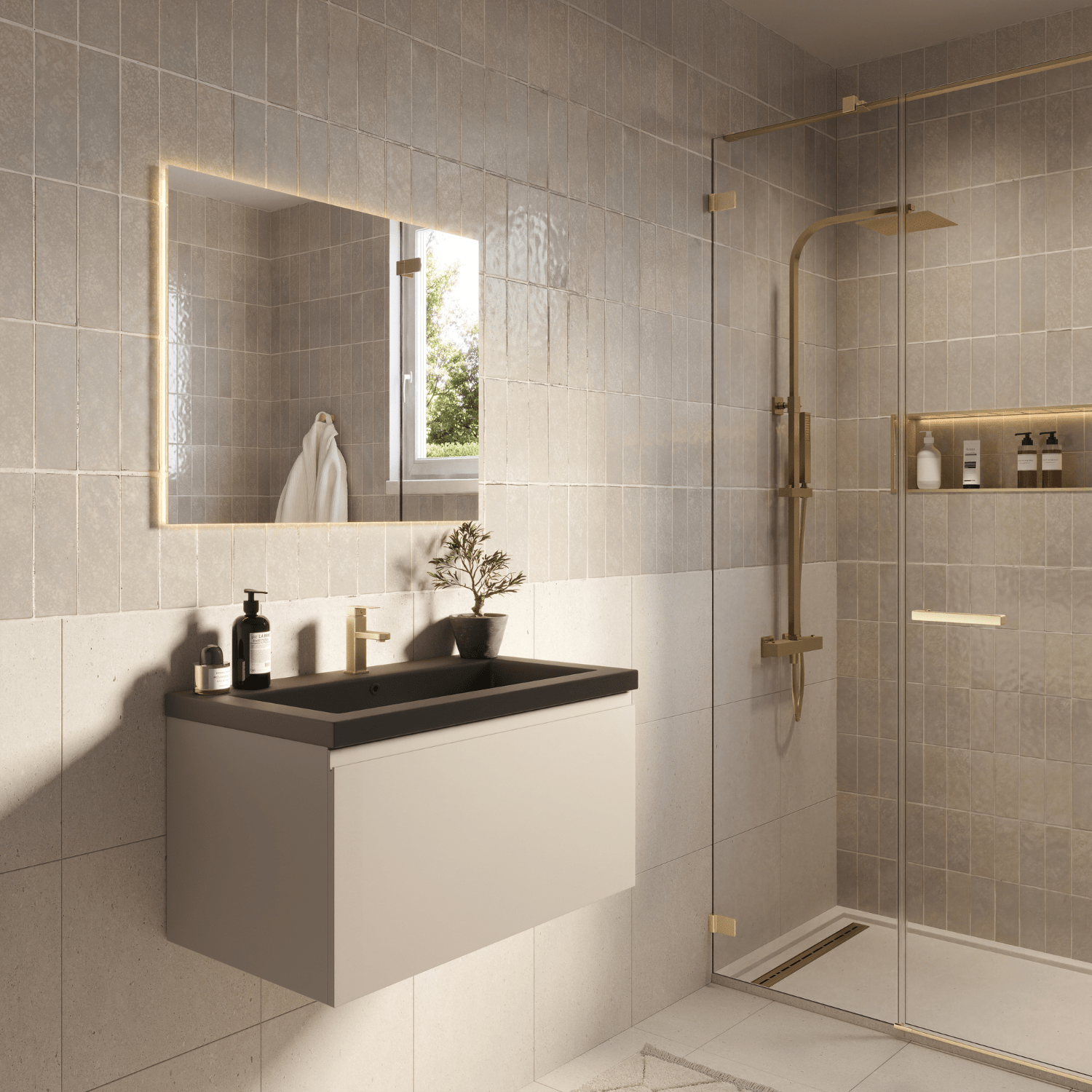 Badmeubelset SORRENTO 80cm - Met Kolomkast - Greige - Wastafel Zwart - lomazoo.com