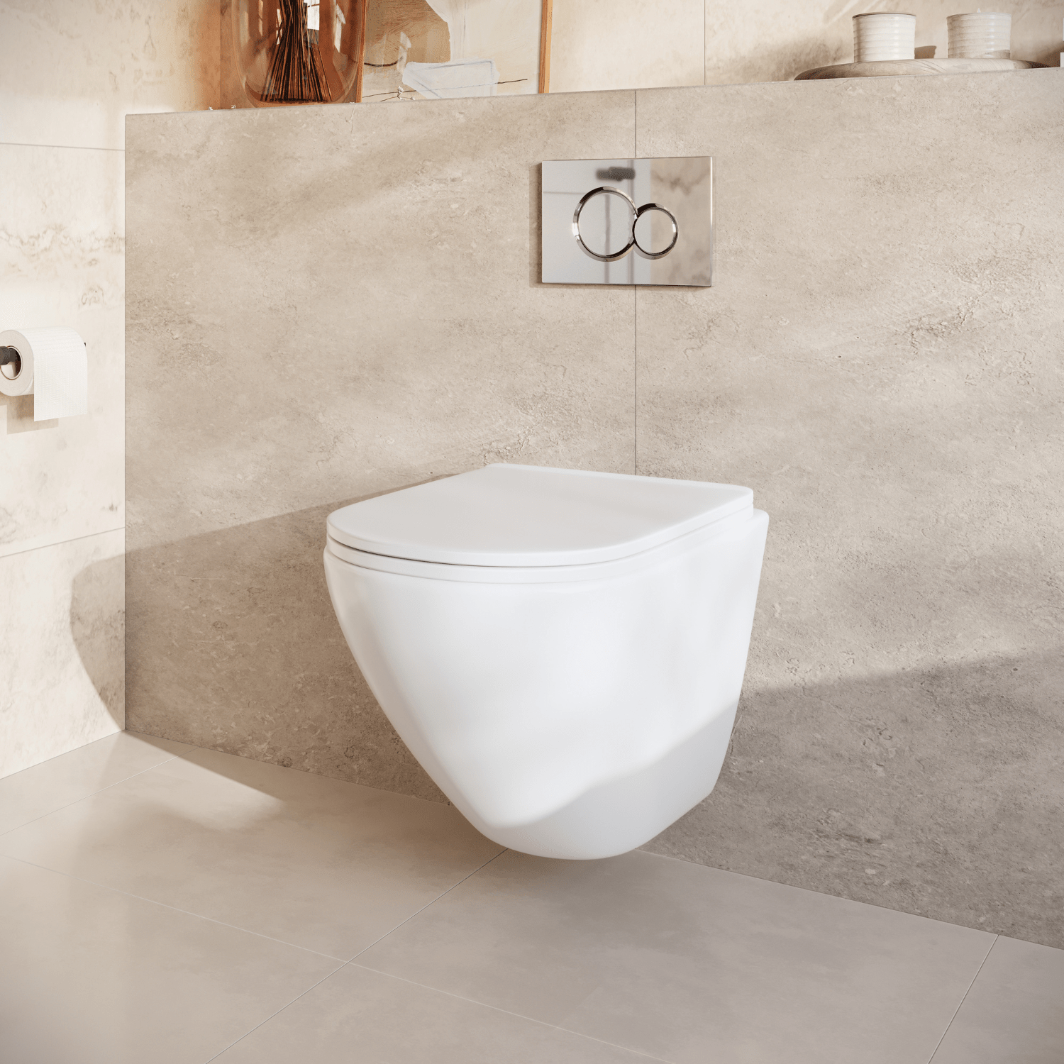 Hangtoilet met Inbouwreservoir - Rond Wit - Drukplaat Rond Chroom - Linea - lomazoo.com