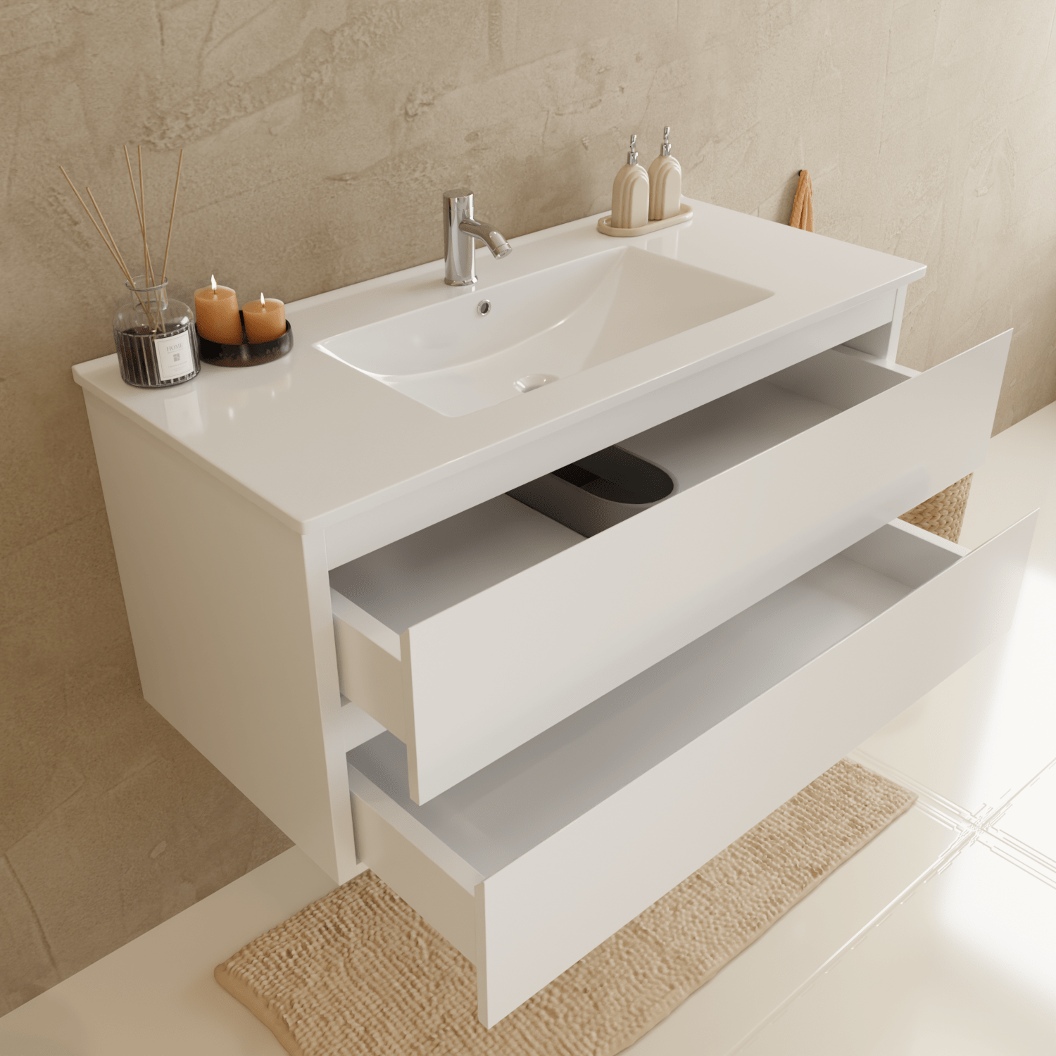 Badmeubelset VERONA 100 cm - Met Kolomkast - Glanzend Wit - Wastafel Wit - lomazoo.com