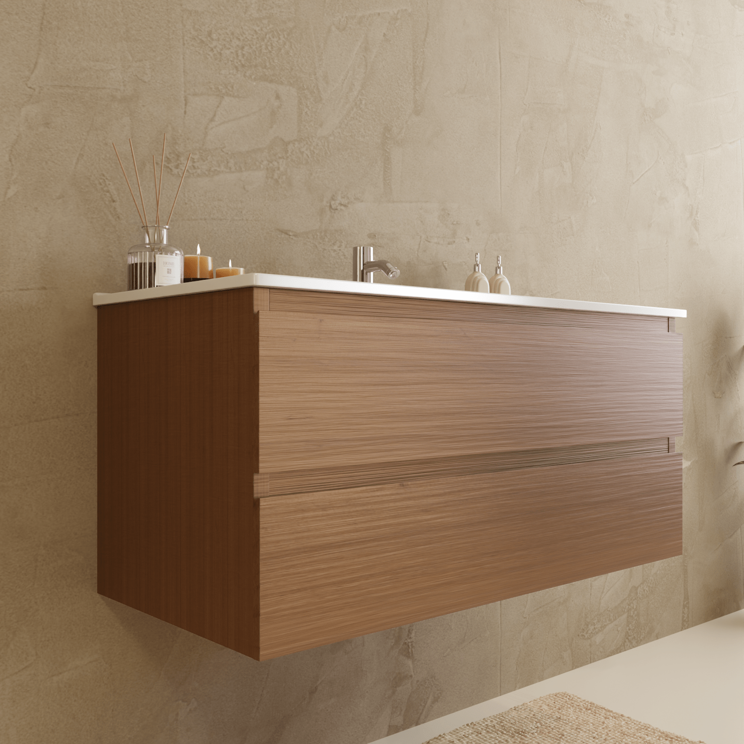 Badmeubelset VERONA 100 cm - Met Kolomkast - Warm Eiken - Wastafel Wit - lomazoo.com