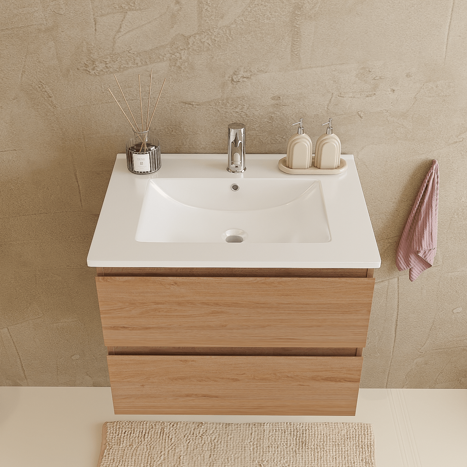 Badmeubelset VERONA 60 cm - Met Kolomkast - Licht Eiken - Wastafel Wit - lomazoo.com