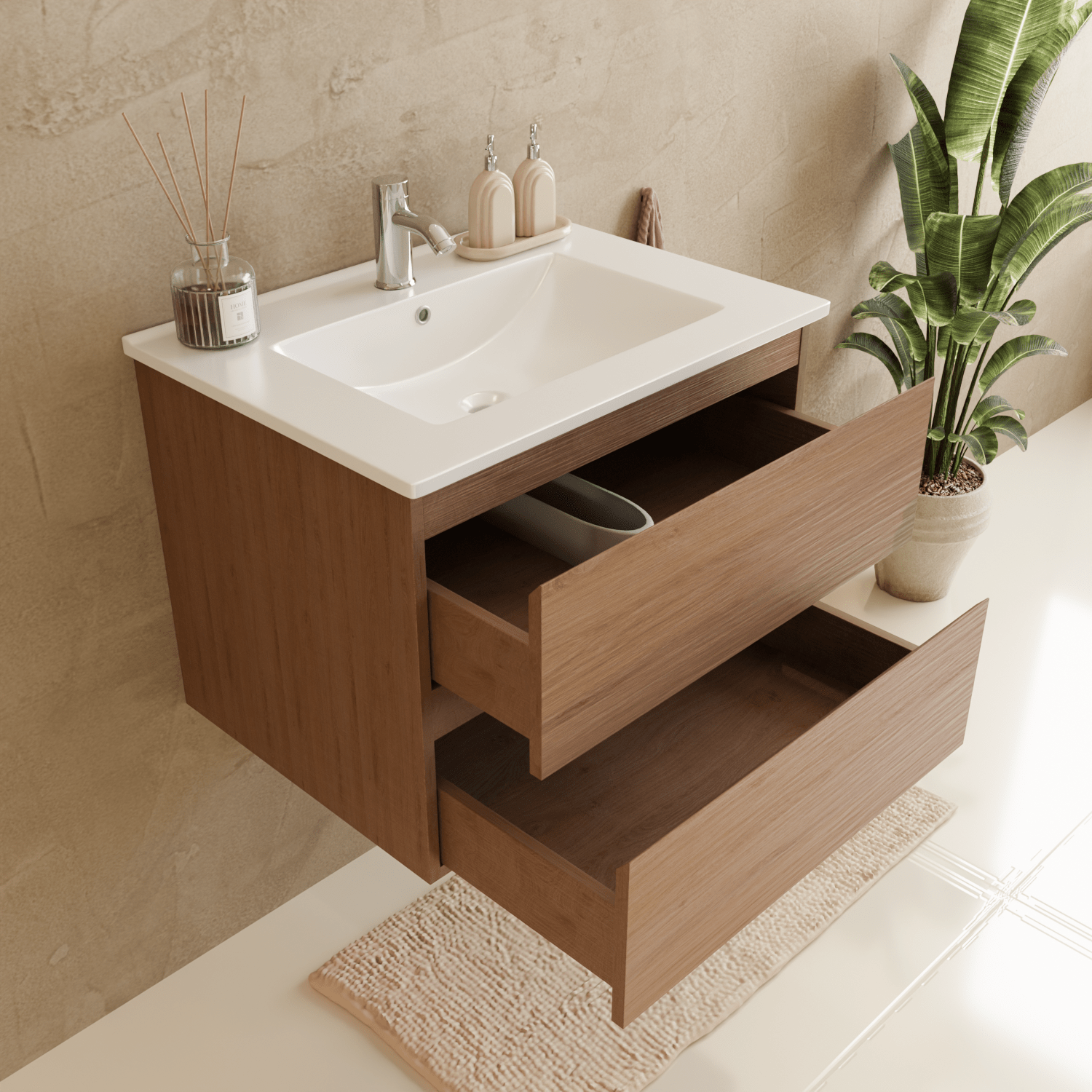 Badmeubelset VERONA 60 cm - Met Kolomkast - Warm Eiken - Wastafel Wit - lomazoo.com