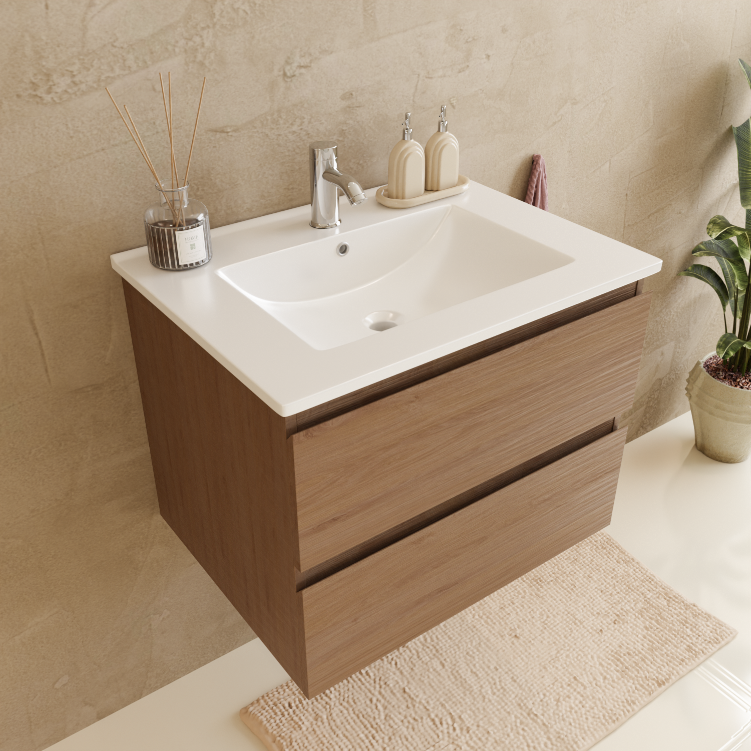 Meuble de salle de bain Marenza chêne chaud - 60cm - lavabo blanc