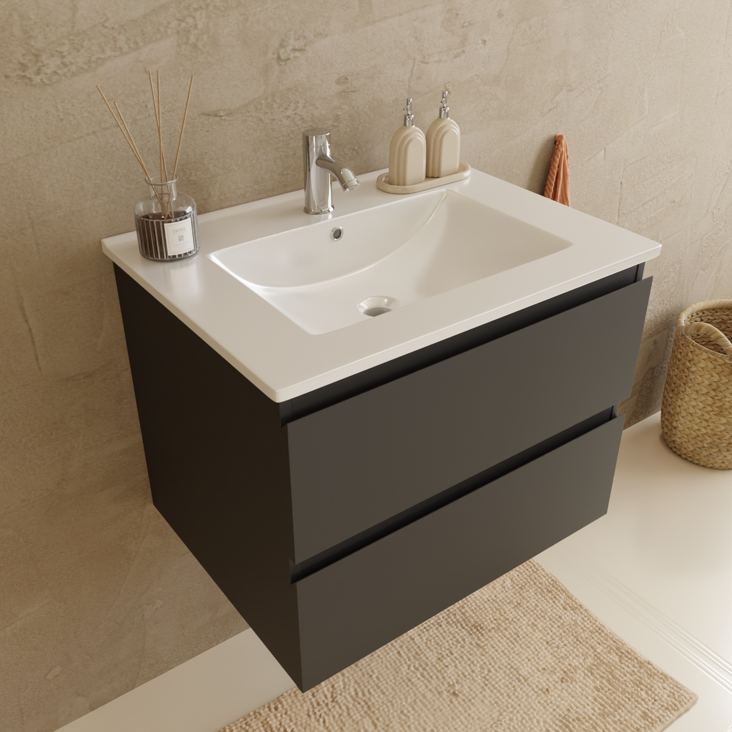 Ensemble meuble vasque 60 cm avec colonne - noir mat - lavabo blanc - LOMAZOO Verona