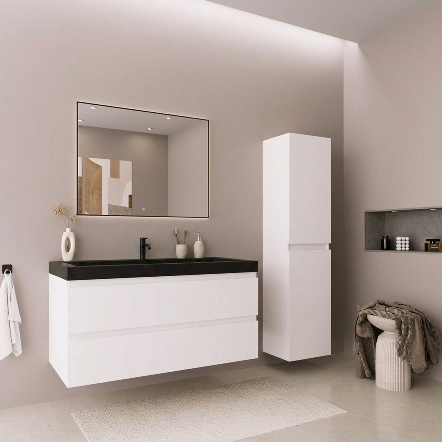 Ensemble meuble de salle de bain AVALON 100 cm - Avec colonne - Blanc brillant - Lavabo noir