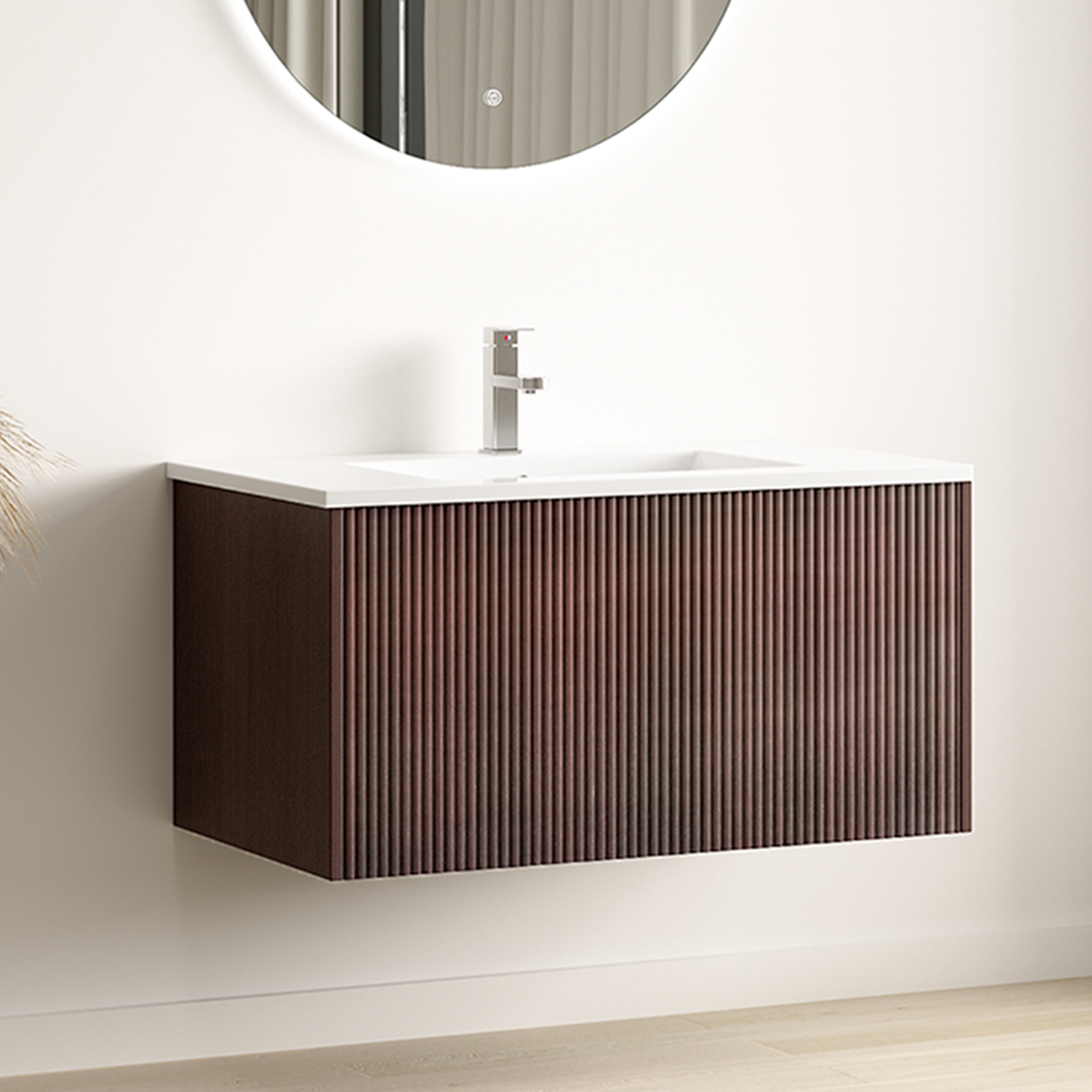 SOVINA rainuré noyer - Vasque blanche - 80 cm