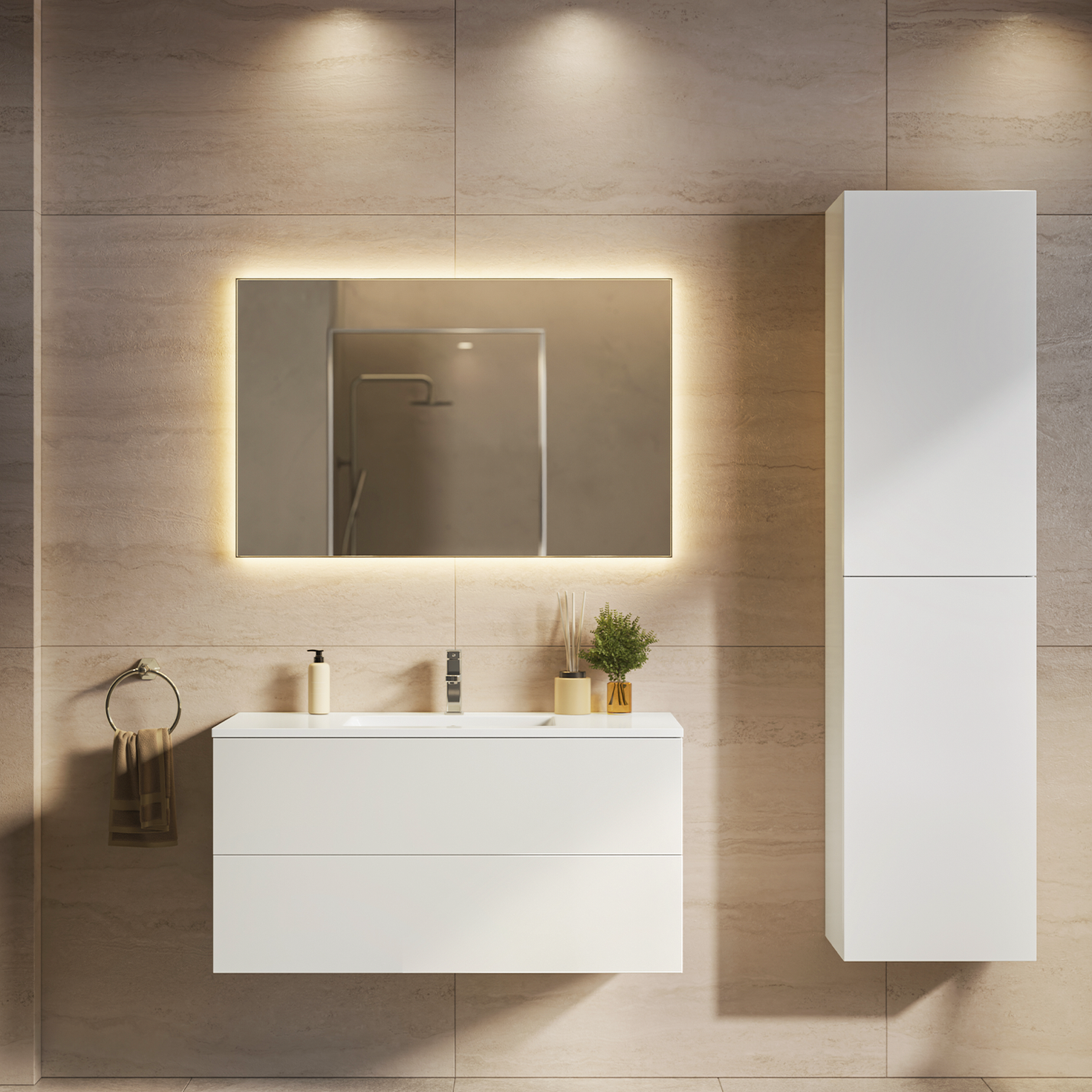 Ensemble de meubles de salle de bain NUVANO 100 cm – avec colonne de rangement – blanc brillant – vasque blanche