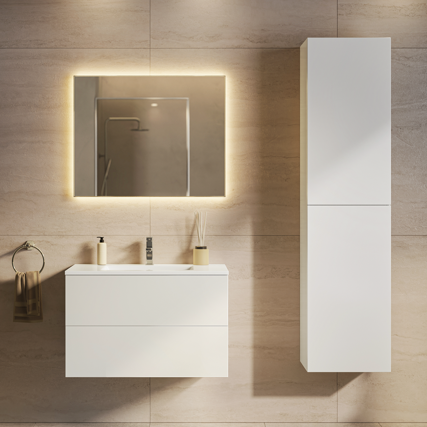 Ensemble de meubles de salle de bain NUVANO 80 cm – avec colonne de rangement – blanc brillant – vasque blanche