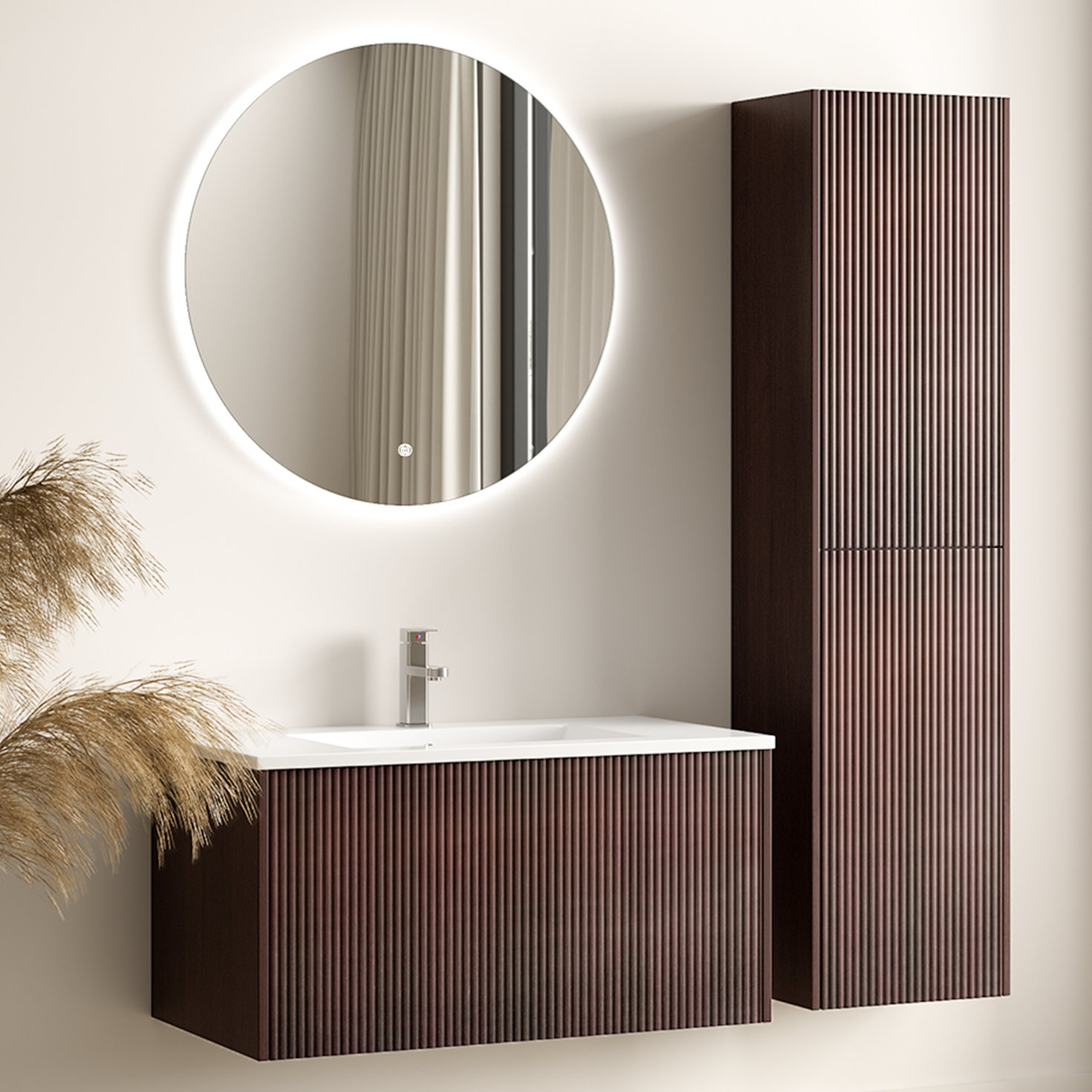 Ensemble meuble de salle de bain ROVANI 80 cm - Noyer - Façade rainurée - Vasque blanche