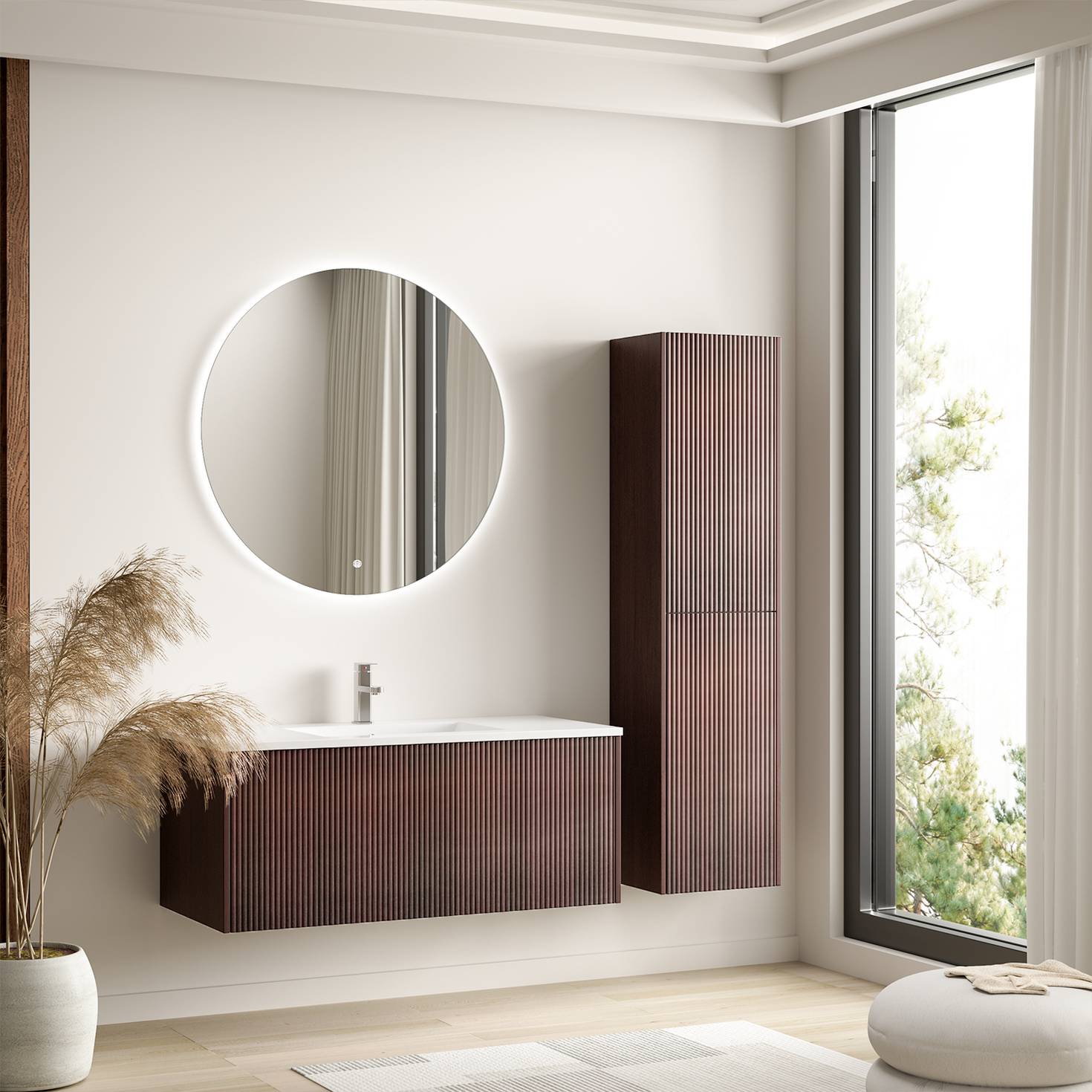 Ensemble meuble de salle de bain ROVANI 100 cm - Noyer - Façade rainurée - Vasque blanche