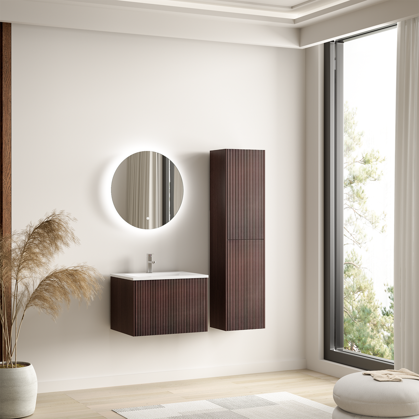 Ensemble meuble de salle de bain ROVANI 60 cm - Noyer - Façade rainurée - Vasque blanche