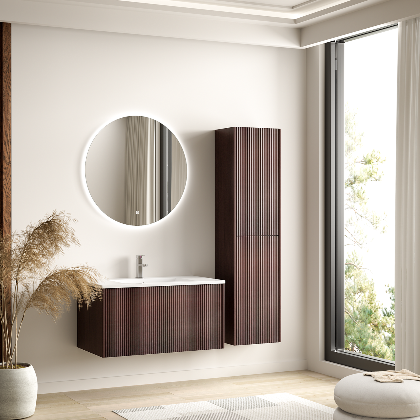 Ensemble meuble de salle de bain ROVANI 80 cm - Noyer - Façade rainurée - Vasque blanche