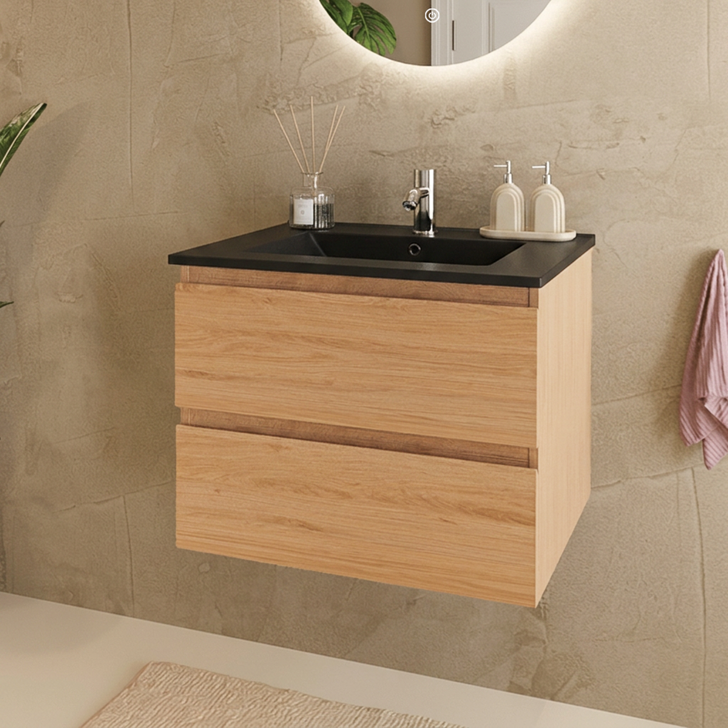 MARENZA Chêne clair – Vasque noire – 60 cm