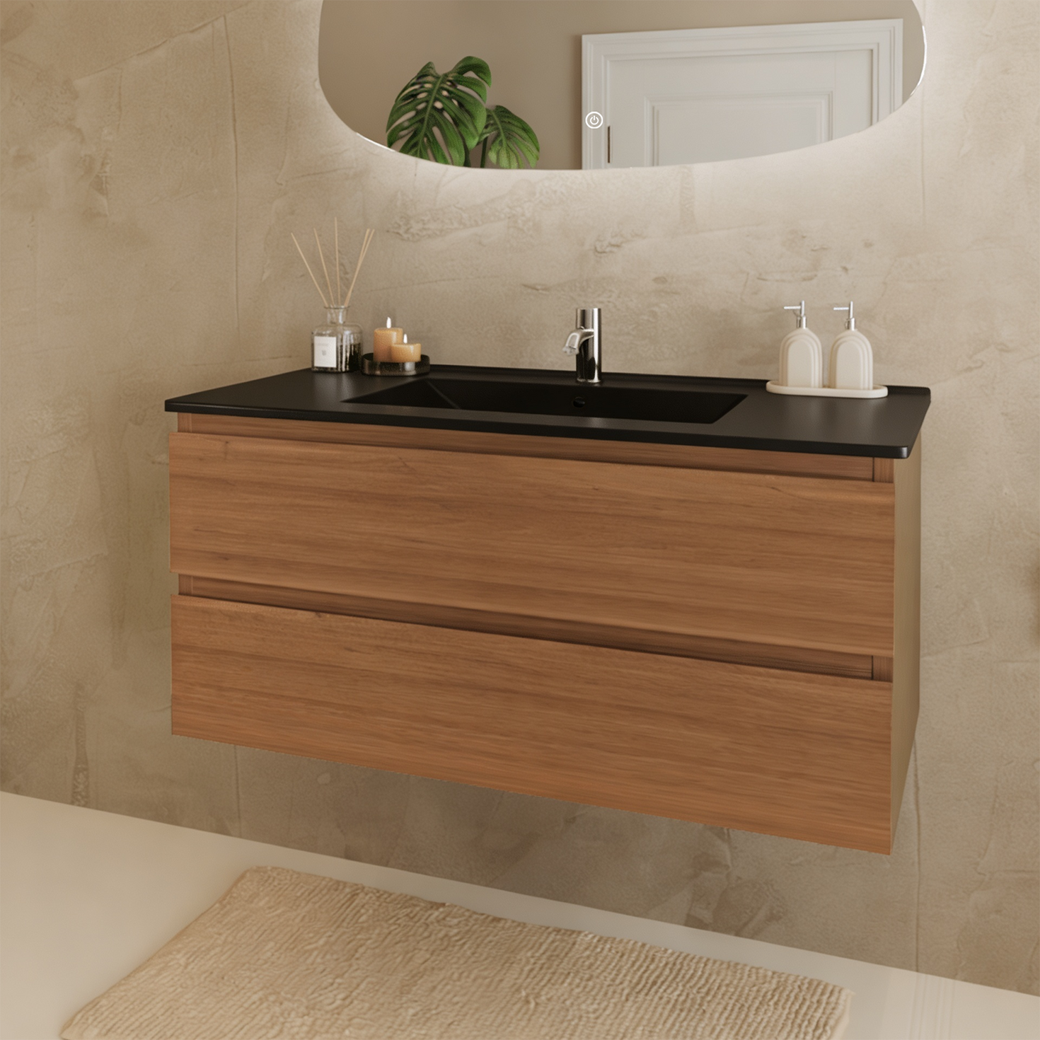 MARENZA Chêne chaleureux – Vasque noire – 100 cm
