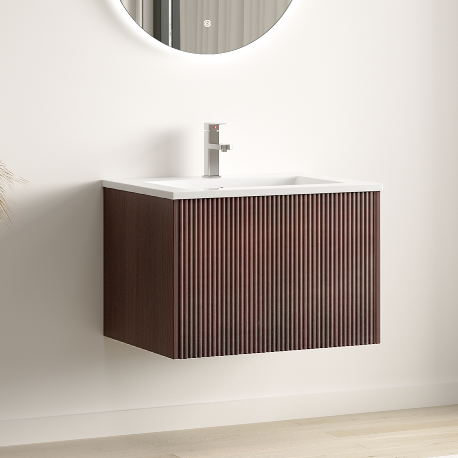 SOVINA rainuré noyer - Vasque blanche - 60 cm