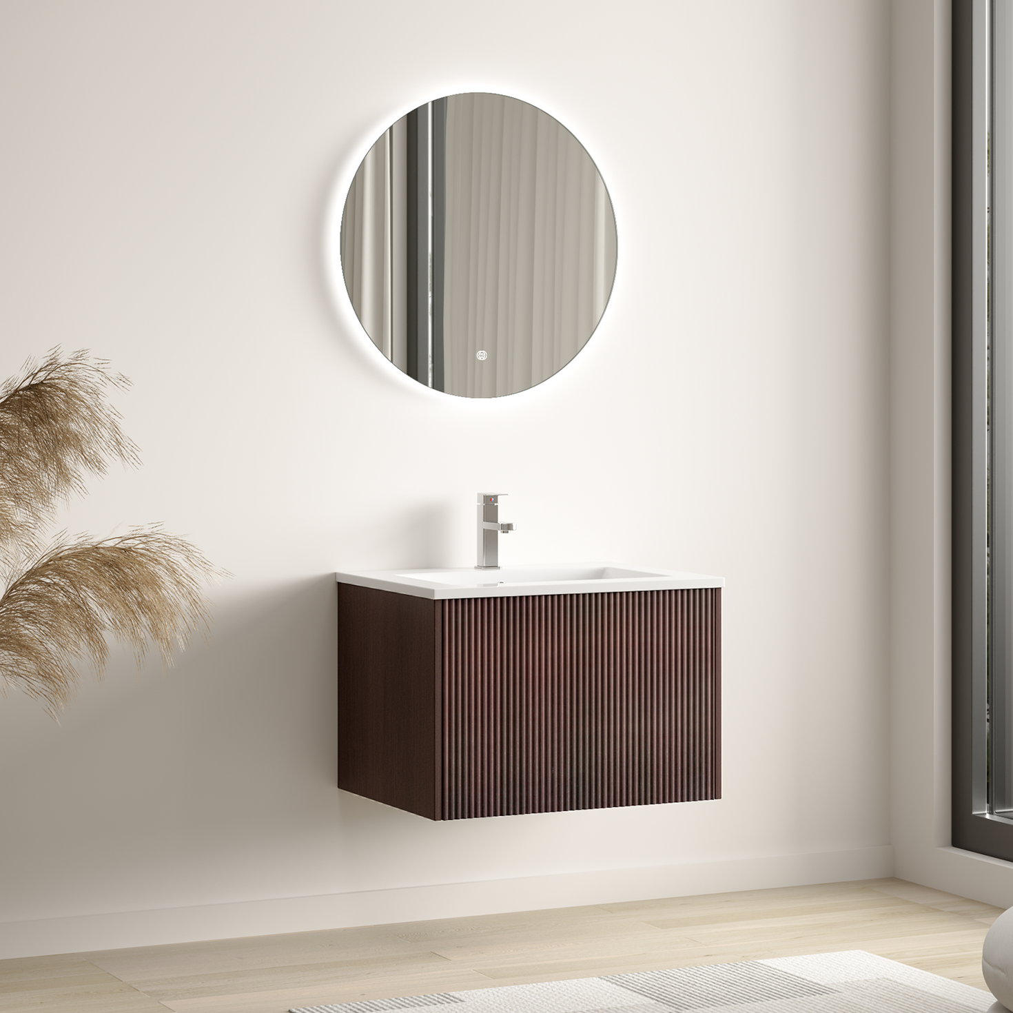 SOVINA rainuré noyer - Vasque blanche - 60 cm