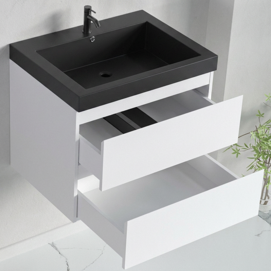Ensemble meuble de salle de bain AVALON 60 cm - Avec colonne - Blanc brillant - Lavabo noir