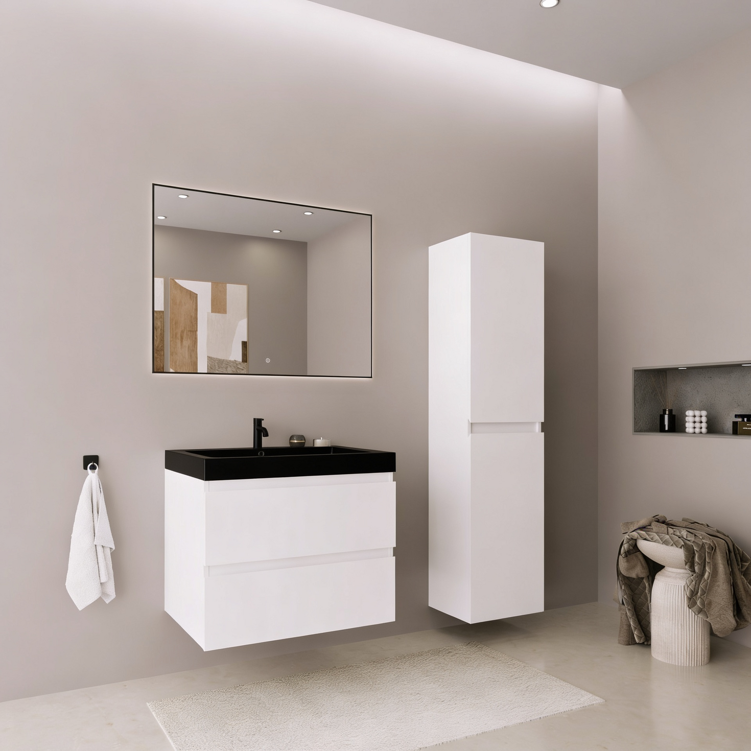 Ensemble meuble de salle de bain AVALON 60 cm - Avec colonne - Blanc brillant - Lavabo noir