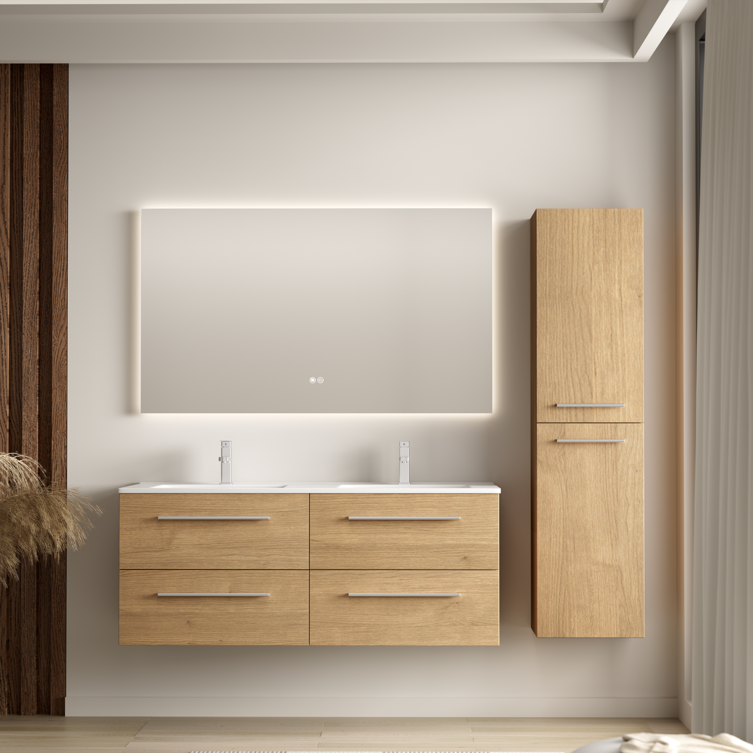 Ensemble de meubles de salle de bain NAVERO 120 cm – avec colonne de rangement – chêne clair – vasque blanche
