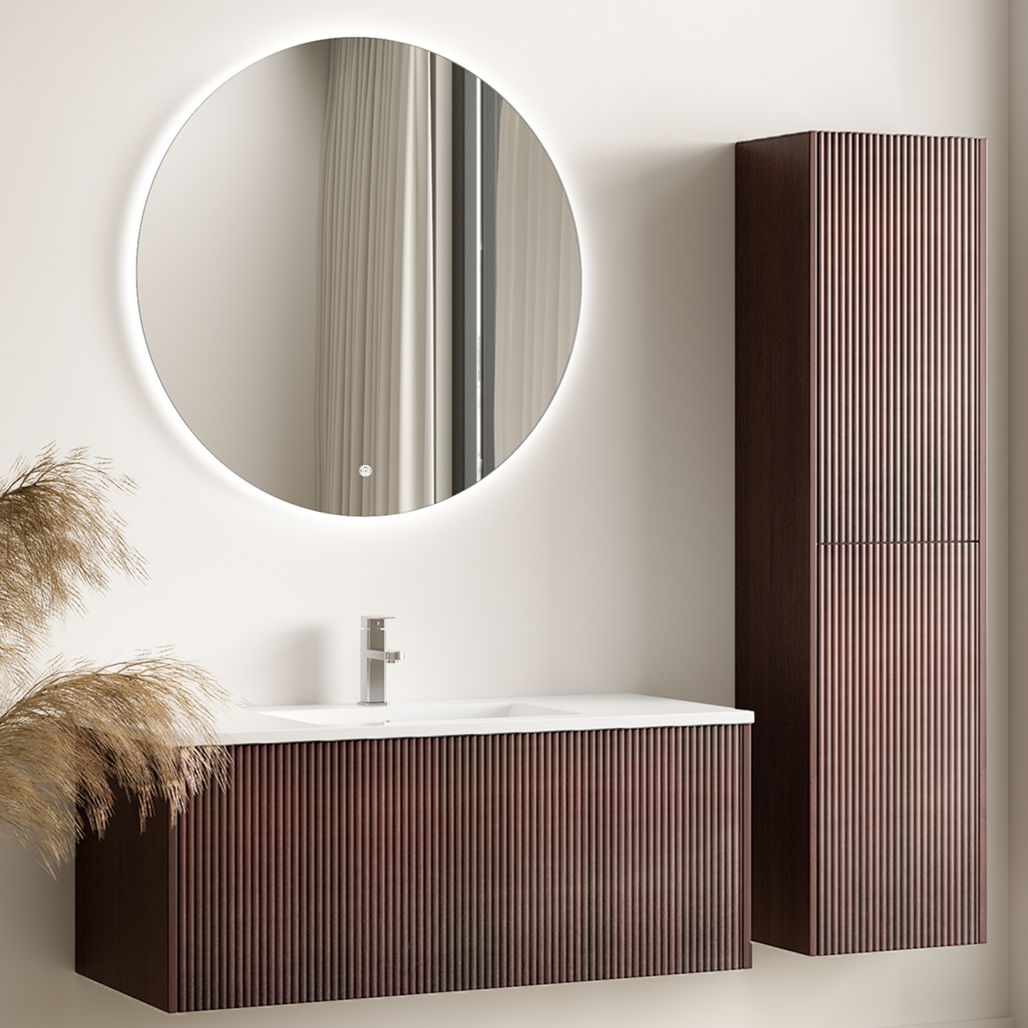 Ensemble meuble de salle de bain ROVANI 100 cm - Noyer - Façade rainurée - Vasque blanche