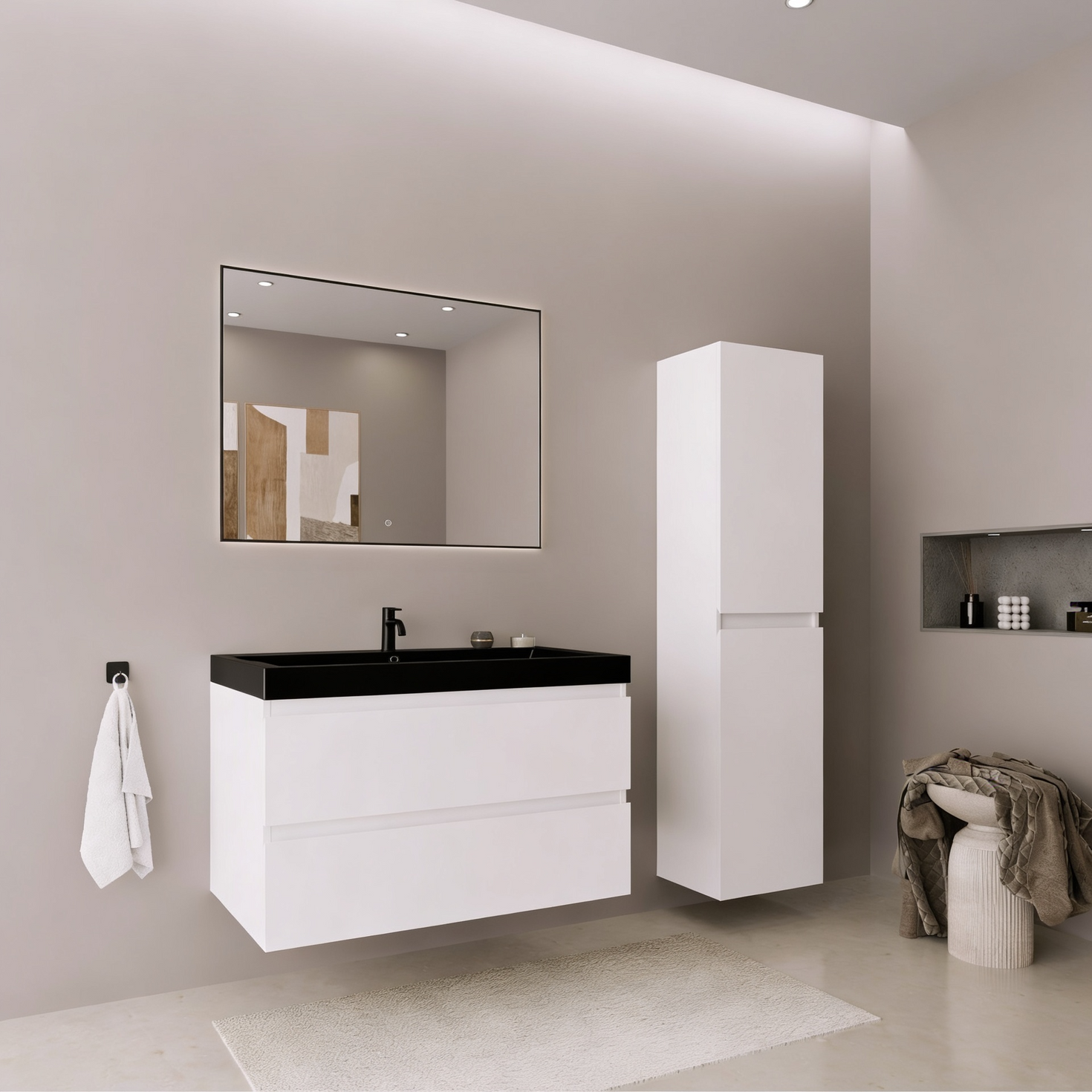 Ensemble meuble de salle de bain AVALON 80 cm - Avec colonne - Blanc brillant - Lavabo noir