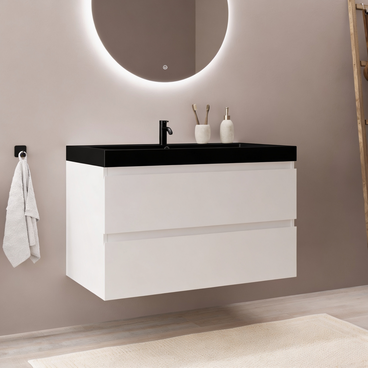 MONACO Blanc brillant - Lavabo noir - 80 cm