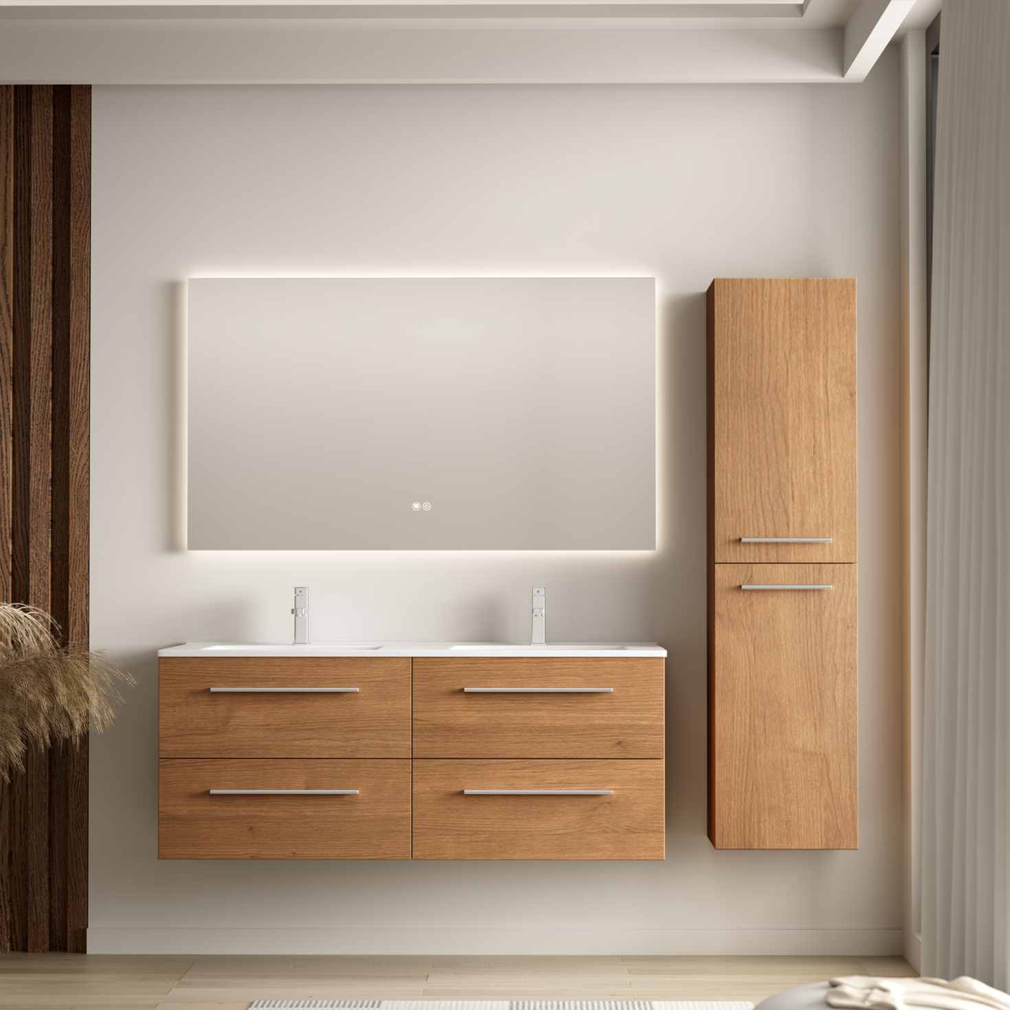 Ensemble meuble de salle de bain NAVERO 120 cm - Avec colonne - Chêne chaud - Lavabo blanc