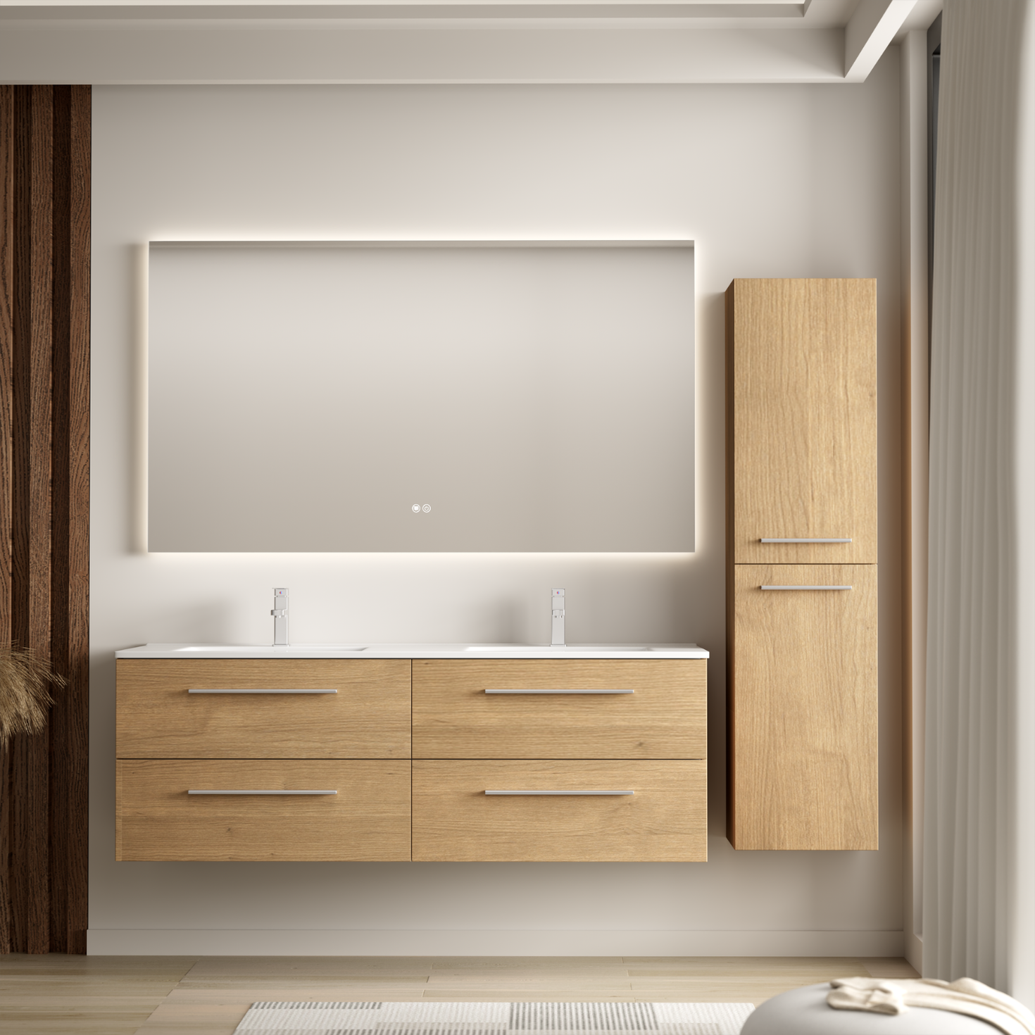 Ensemble de meubles de salle de bain NAVERO 140 cm – avec colonne de rangement – chêne clair – vasque blanche