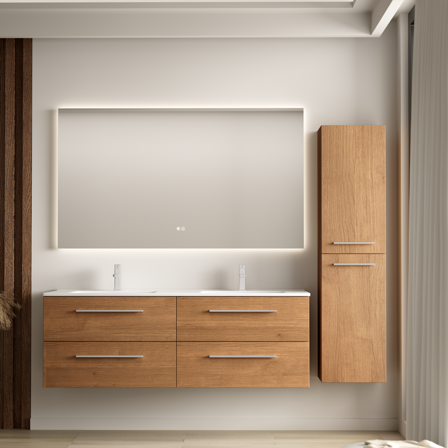 Ensemble meuble de salle de bain NAVERO 140 cm - Avec colonne - Chêne chaud - Lavabo blanc