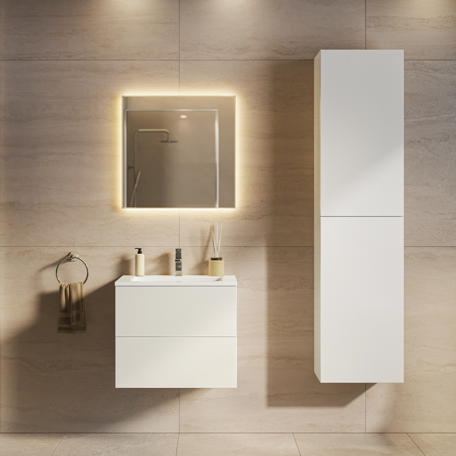 Ensemble de meubles de salle de bain NUVANO 60 cm – avec colonne de rangement – blanc brillant – vasque blanche
