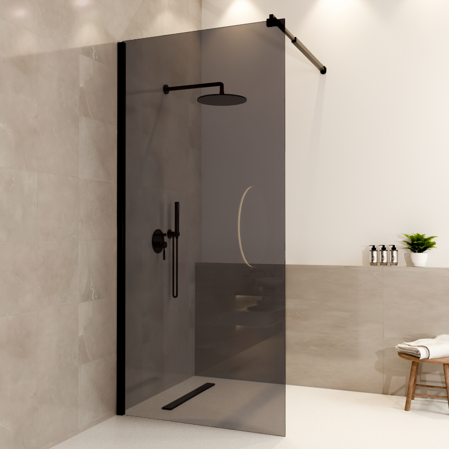 Paroi de douche Lima 90 x 200 cm – Noir – Verre fumé – Revêtement Nano