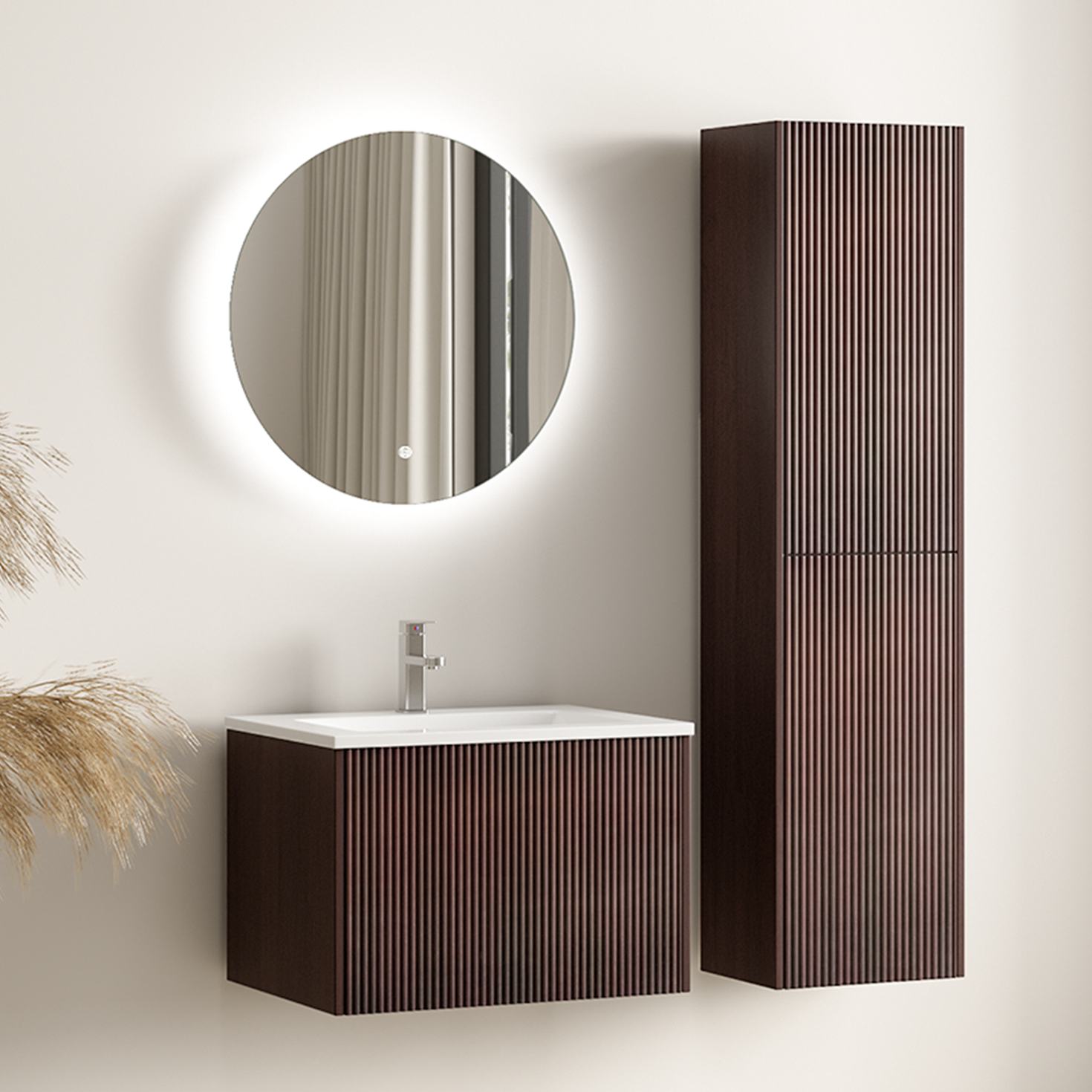 Ensemble meuble de salle de bain ROVANI 60 cm - Noyer - Façade rainurée - Vasque blanche