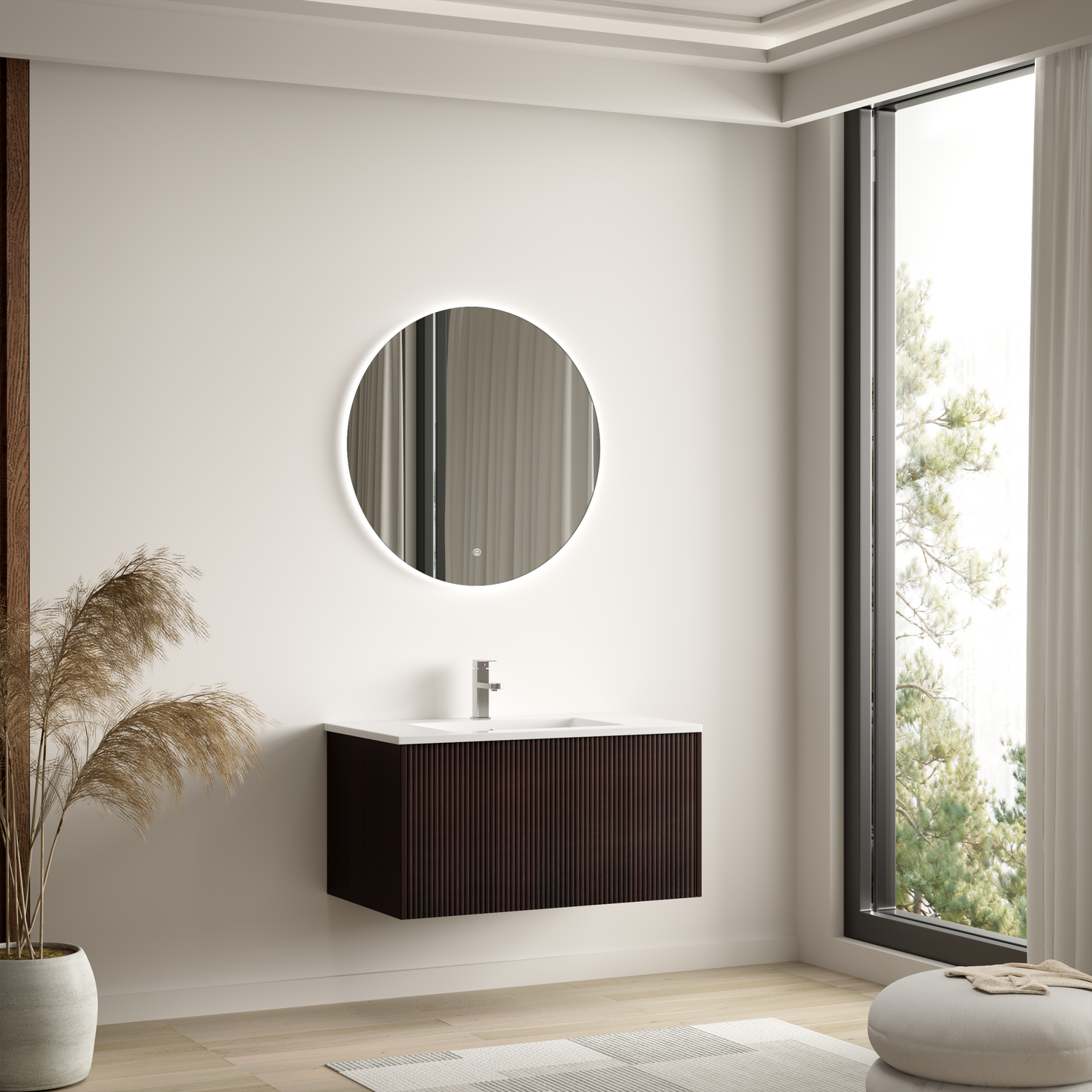 SOVINA rainuré noyer - Vasque blanche - 80 cm