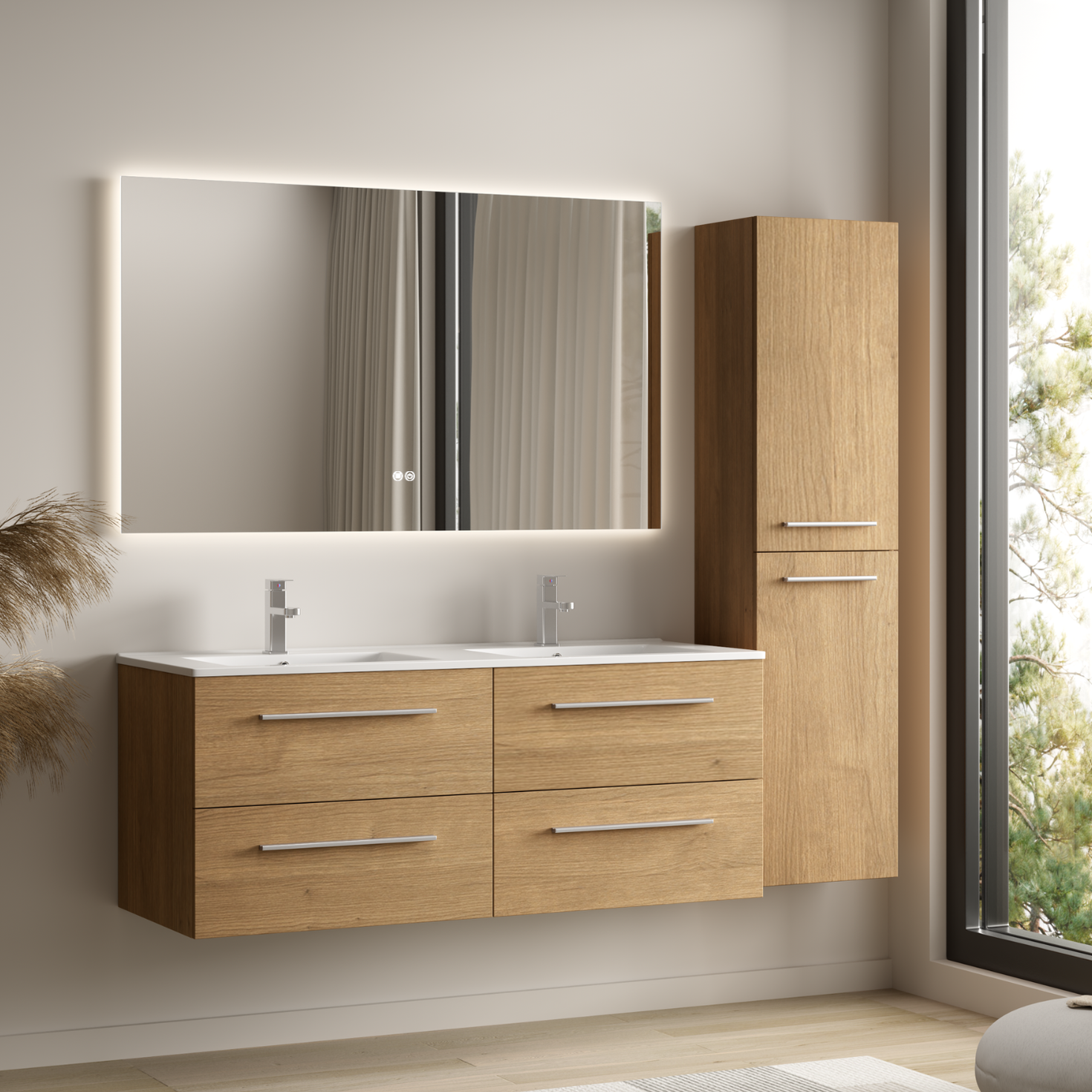 Ensemble de meubles de salle de bain NAVERO 120 cm – avec colonne de rangement – chêne clair – vasque blanche