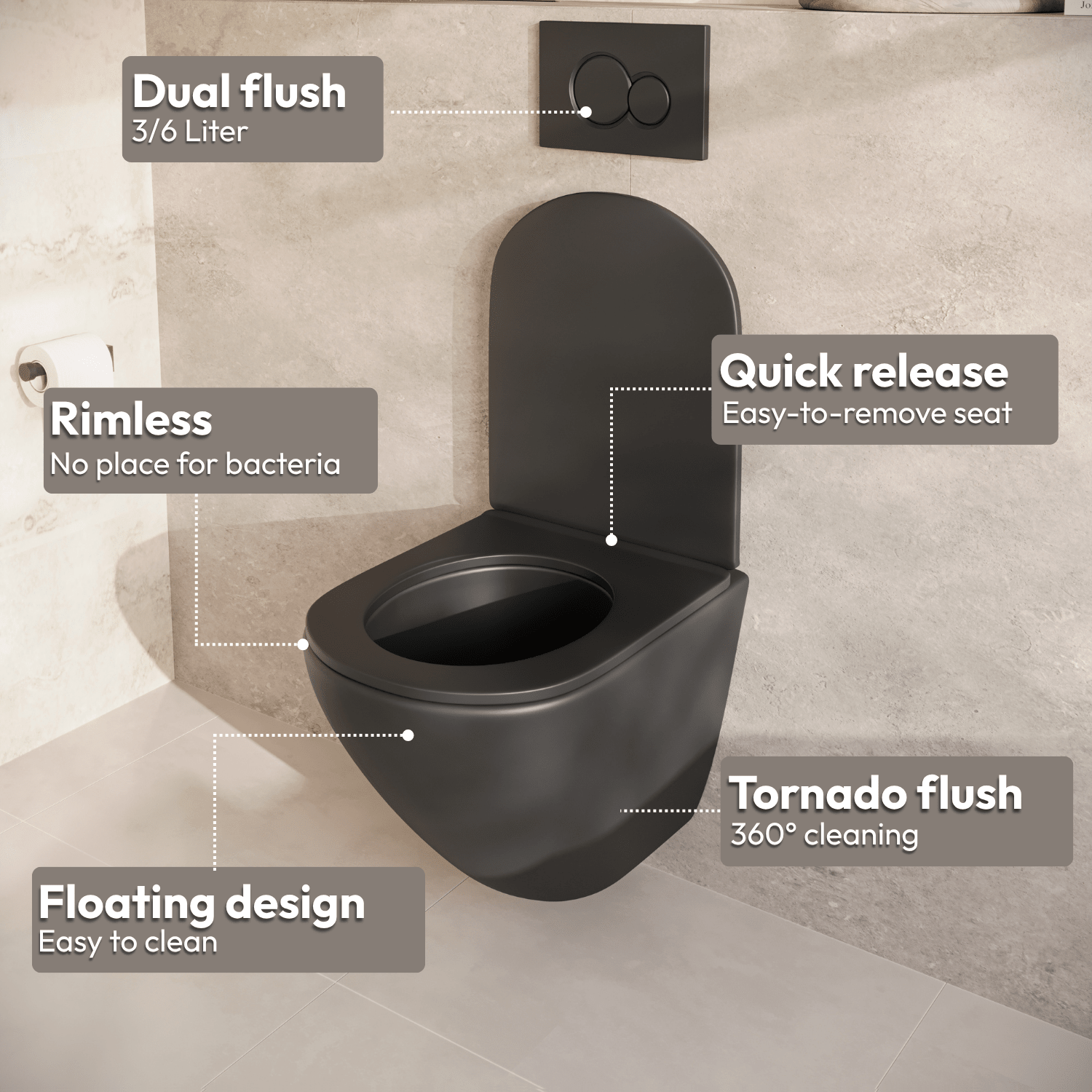 Hangtoilet met Inbouwreservoir - Rond Zwart - Drukplaat Vierkant Zwart - Linea - lomazoo.com