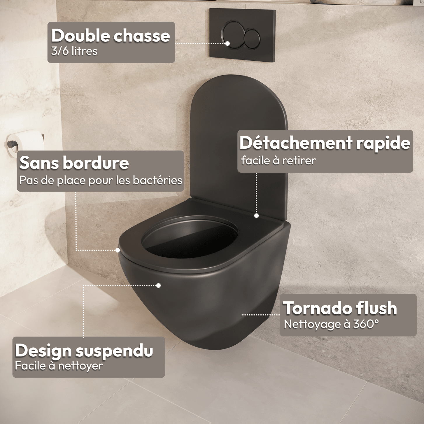 Hangtoilet met Inbouwreservoir - Rond Zwart - Drukplaat Rond Goud - Linea - lomazoo.com