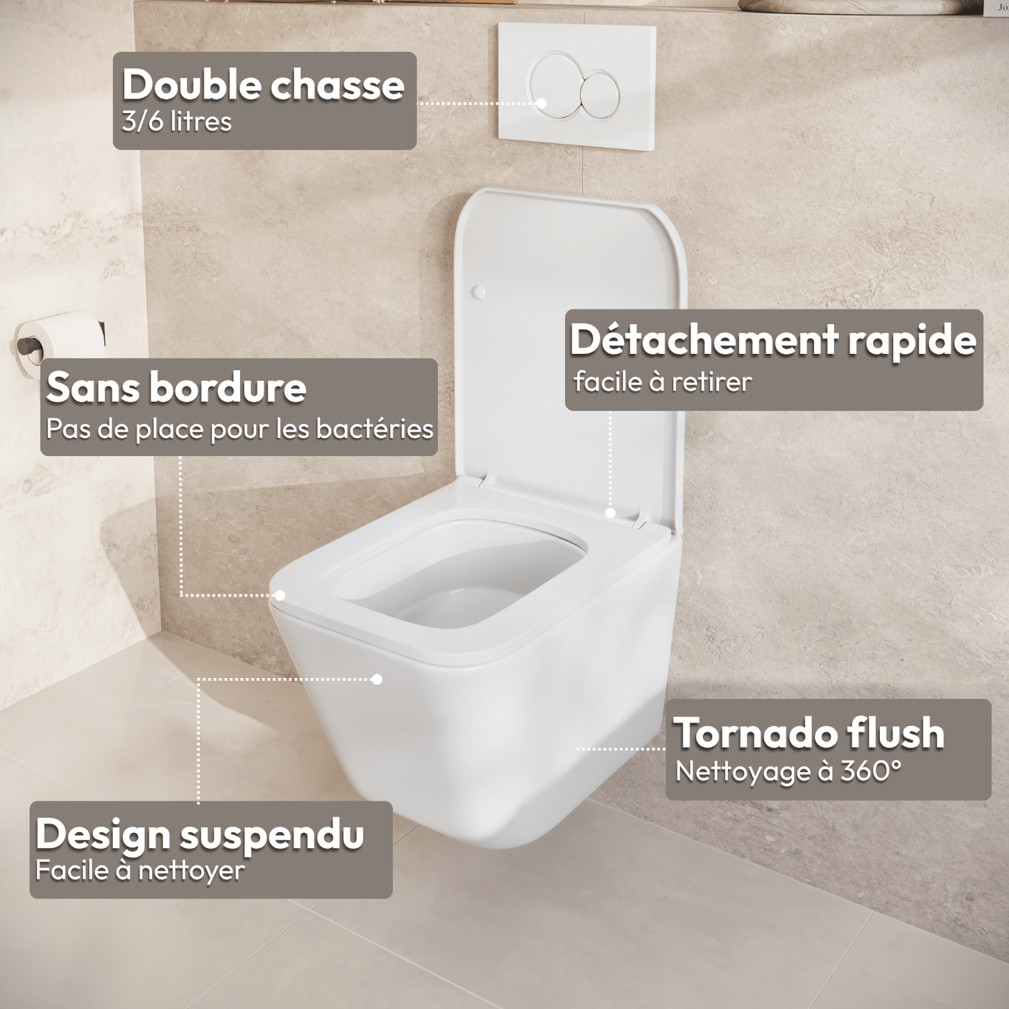 Hangtoilet met Inbouwreservoir - Vierkant Wit - Drukplaat Vierkant Gunmetal - Linea - lomazoo.com