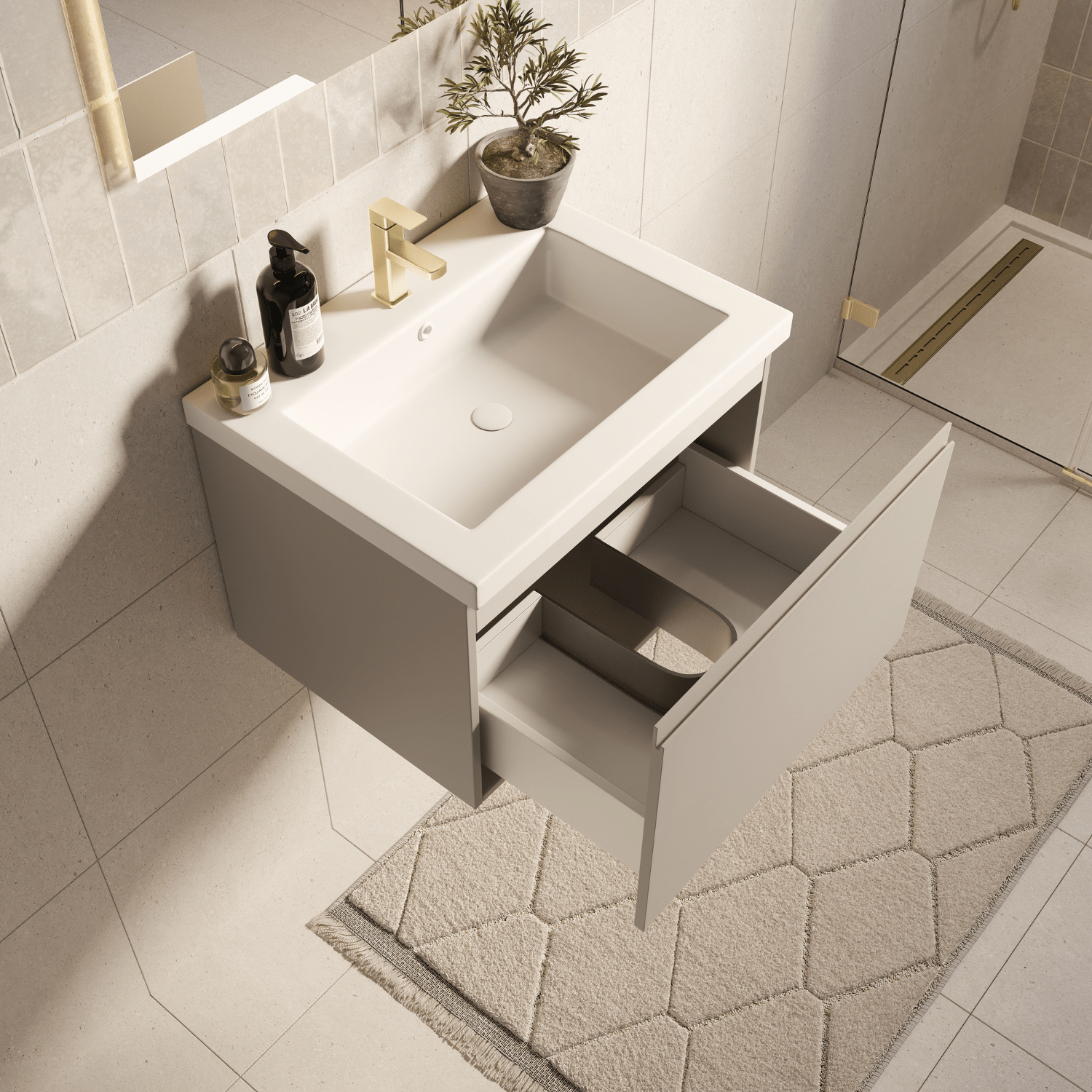 Badmeubelset SORRENTO 60cm - Met Kolomkast - Greige - Wastafel Wit - lomazoo.com