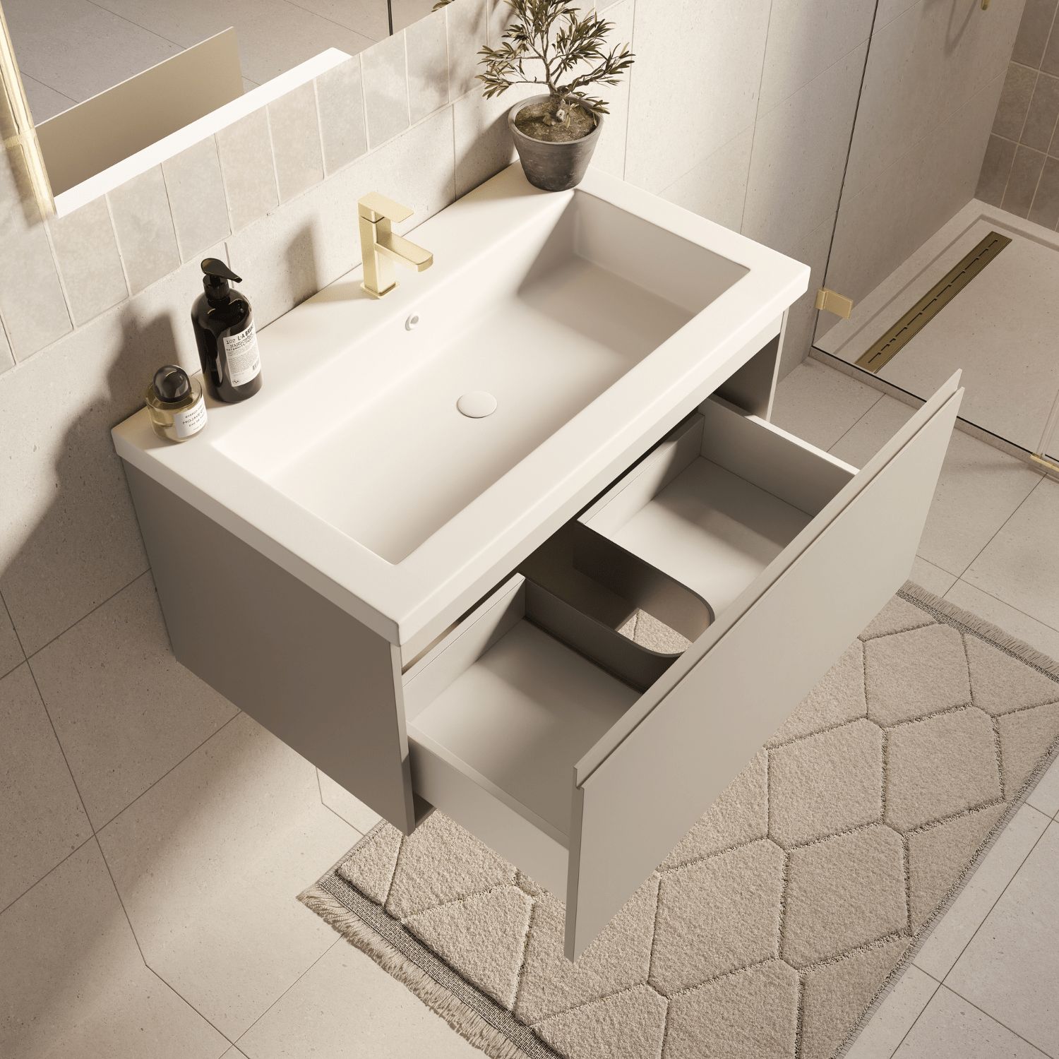 Badmeubelset SORRENTO 80cm - Met Kolomkast - Greige - Wastafel Wit - lomazoo.com