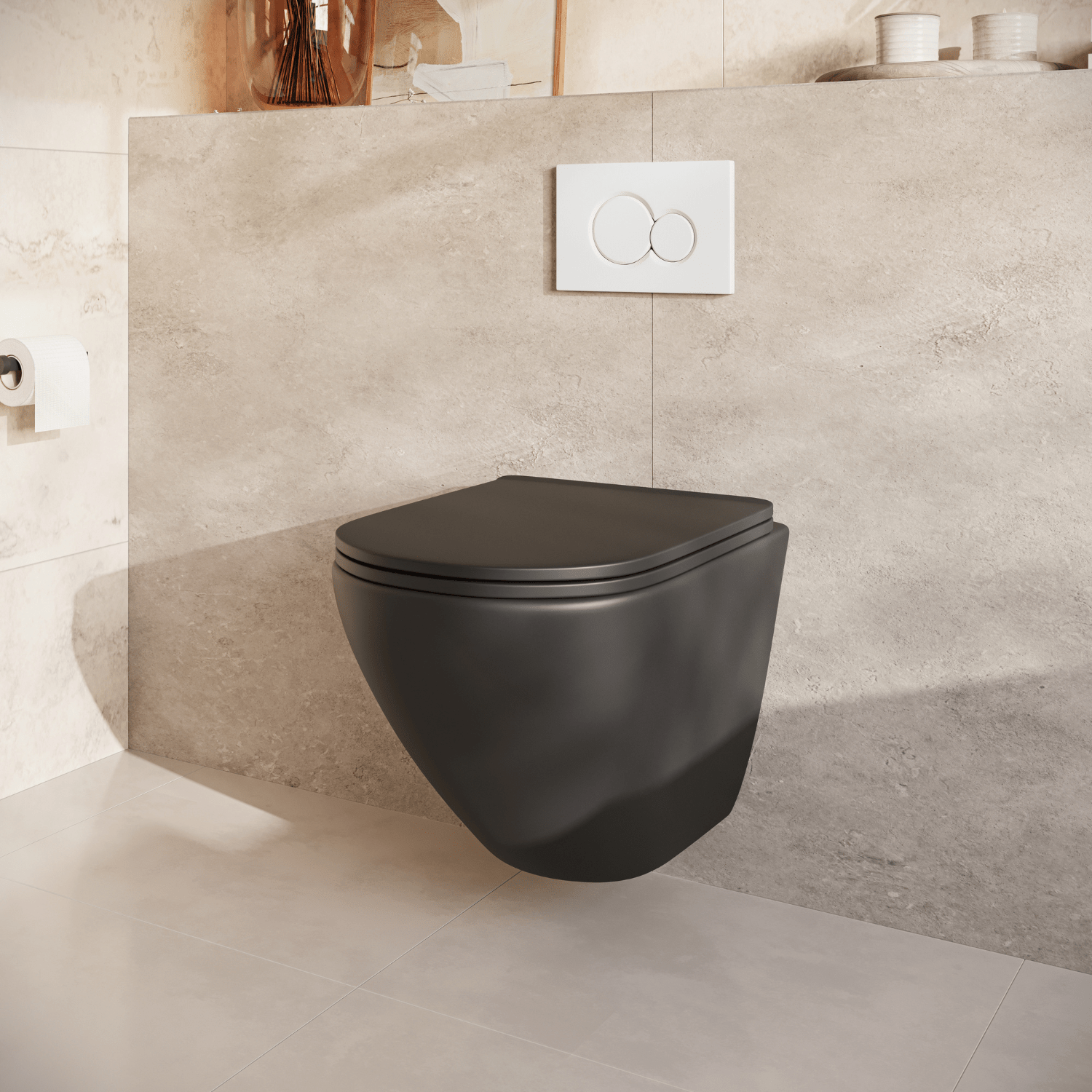 Hangtoilet met Inbouwreservoir - Rond Zwart - Drukplaat Rond Wit - Linea - lomazoo.com