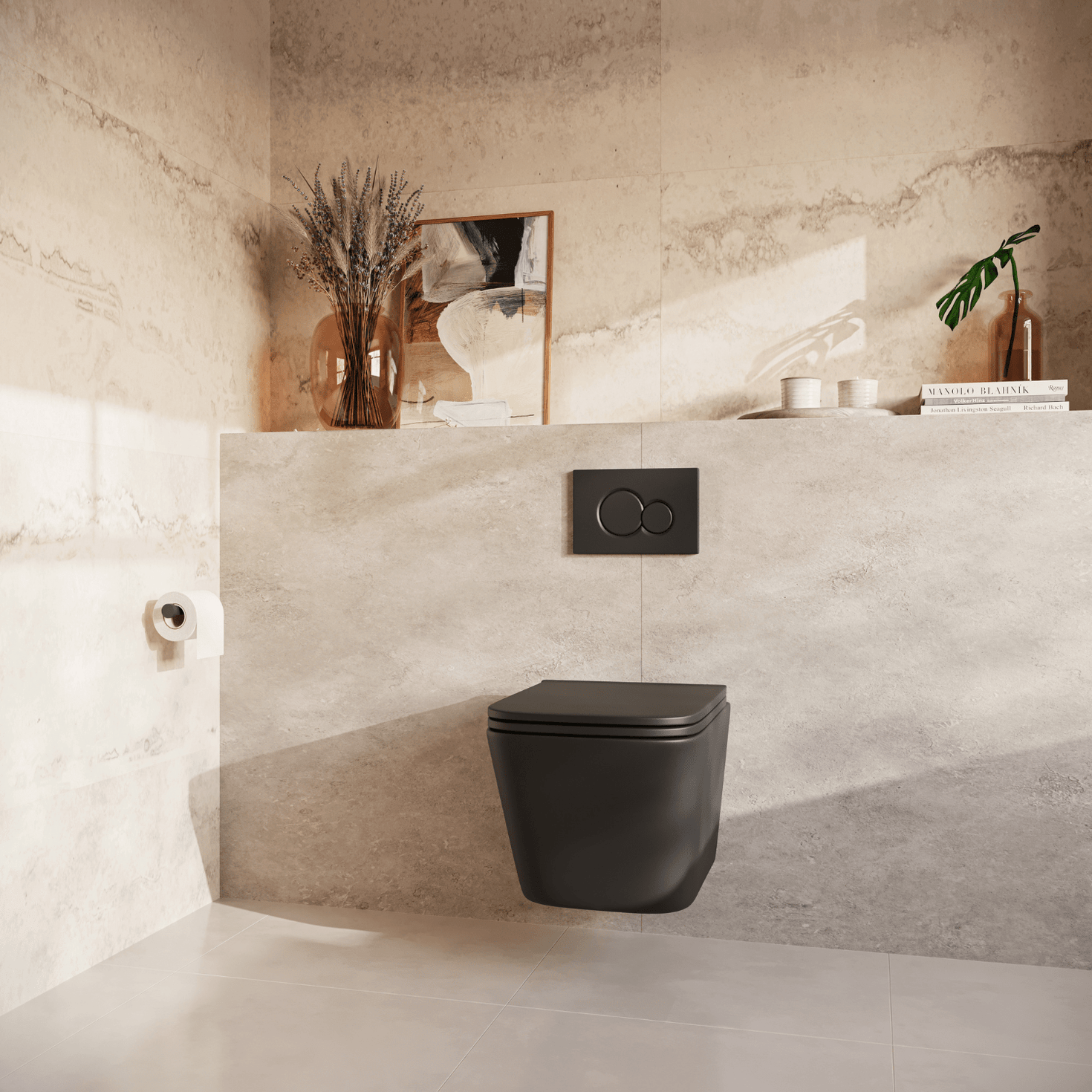 Hangtoilet met Inbouwreservoir - Vierkant Zwart - Drukplaat Rond Zwart - Linea - lomazoo.com