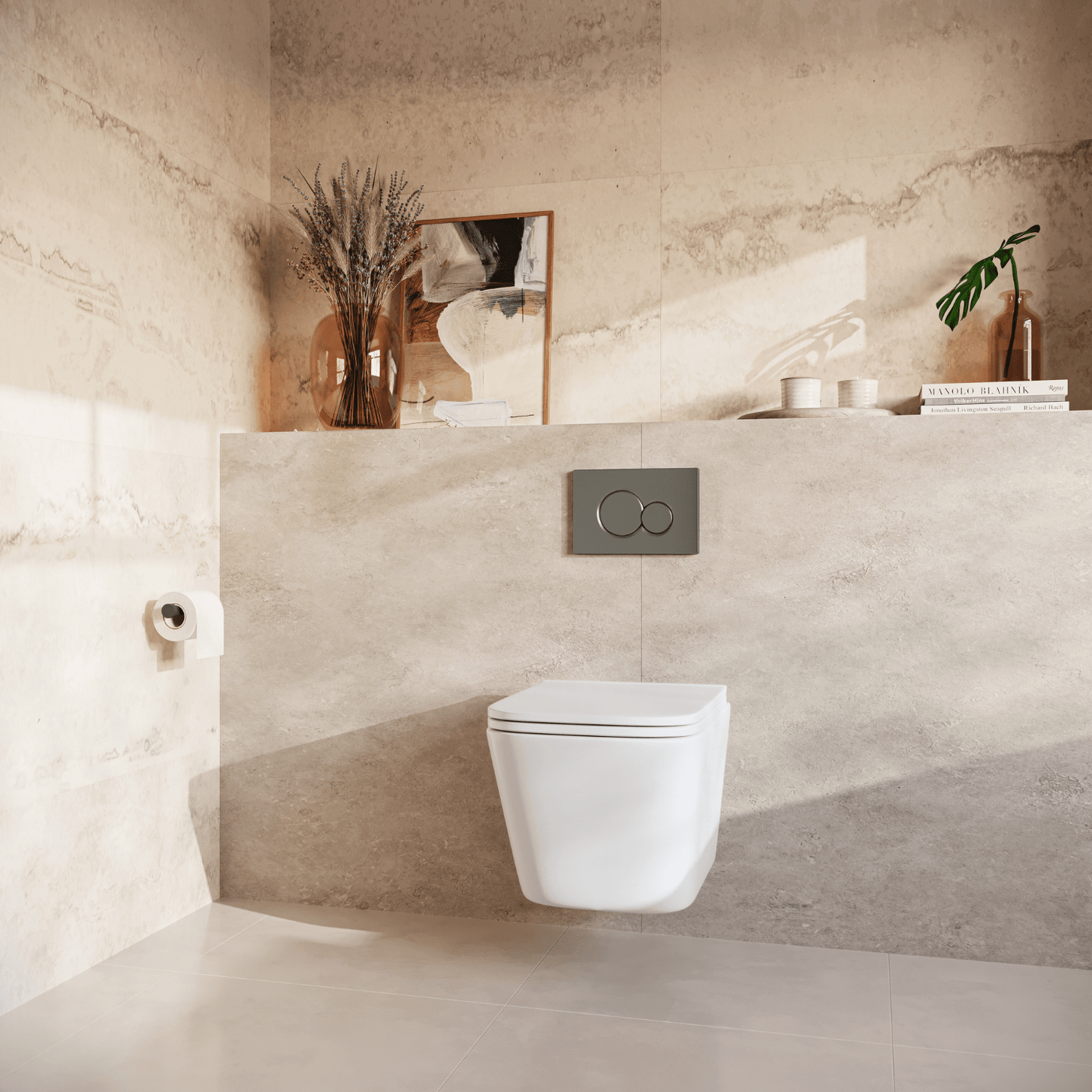 Hangtoilet met Inbouwreservoir - Vierkant Wit - Drukplaat Rond Gunmetal - Linea - lomazoo.com