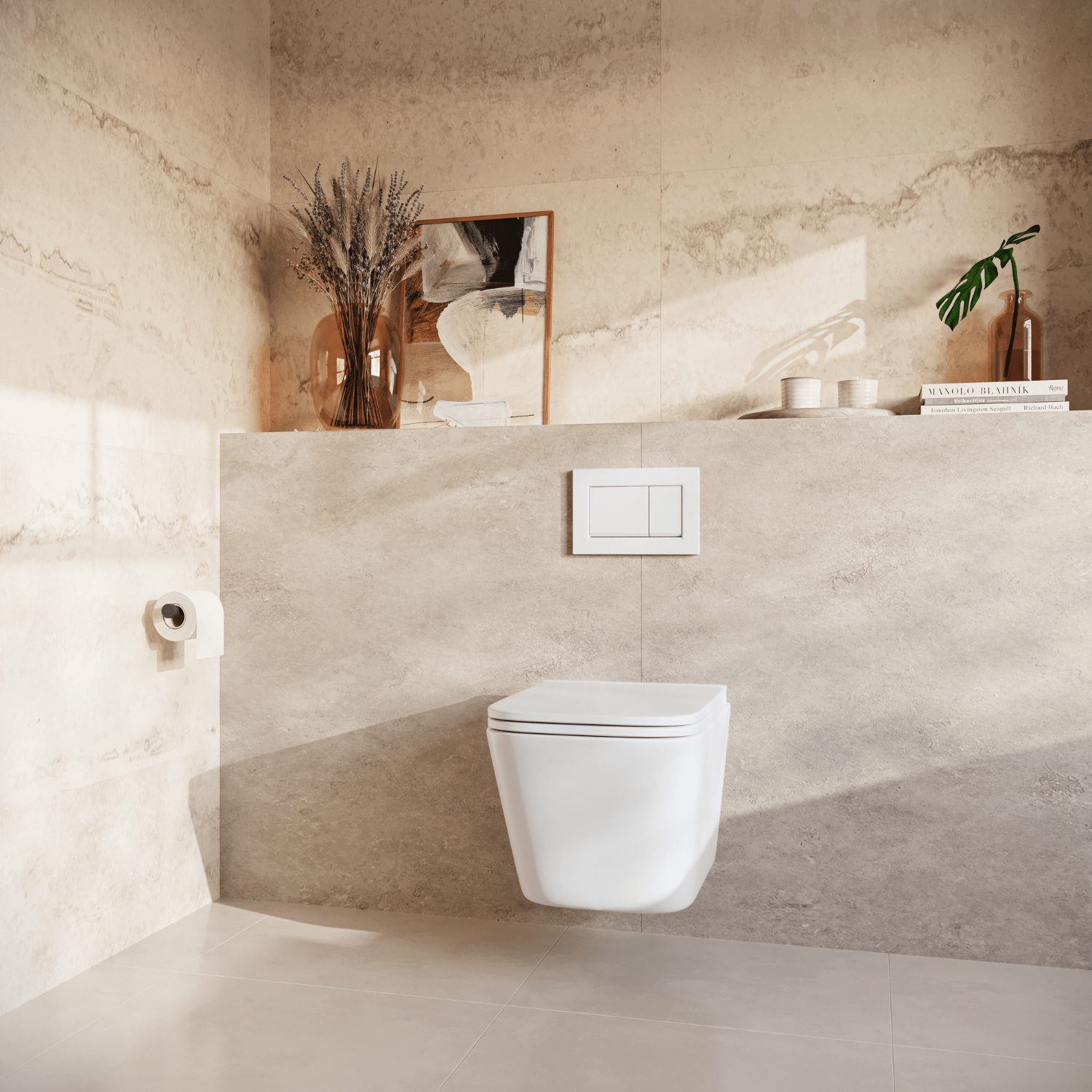 Hangtoilet met Inbouwreservoir - Vierkant Wit - Drukplaat Vierkant Wit - Linea - lomazoo.com